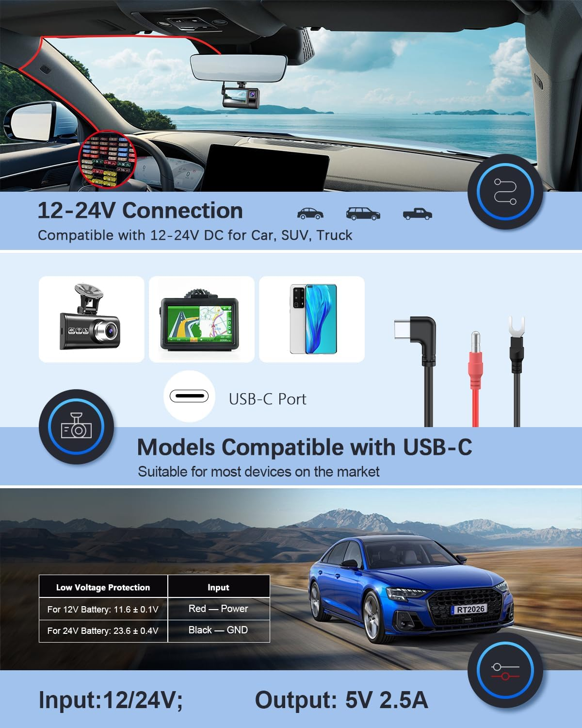 Dash Cam Hardwire Kit, USB-C Port 4M Hard Wiring Kit for Car Cam Car Charger Power Cord 12V/24V to 5V 2.5A Charger Cable with 4 Power Adapters 3 Fuses for Dashcam GPS Etc image number 1