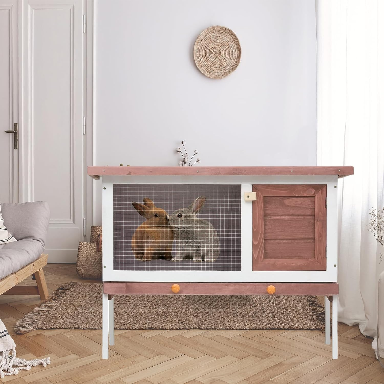 Elevated Wooden Rabbit Hutch, Indoor/Outdoor Bunny Cage with Weatherproof Green Asphalt Roof,Slide Bolt Latch and Removable Tray for Rubbit,Guinea Pig,Hamster (Brown, 90L X 45W X 65H) image number 2