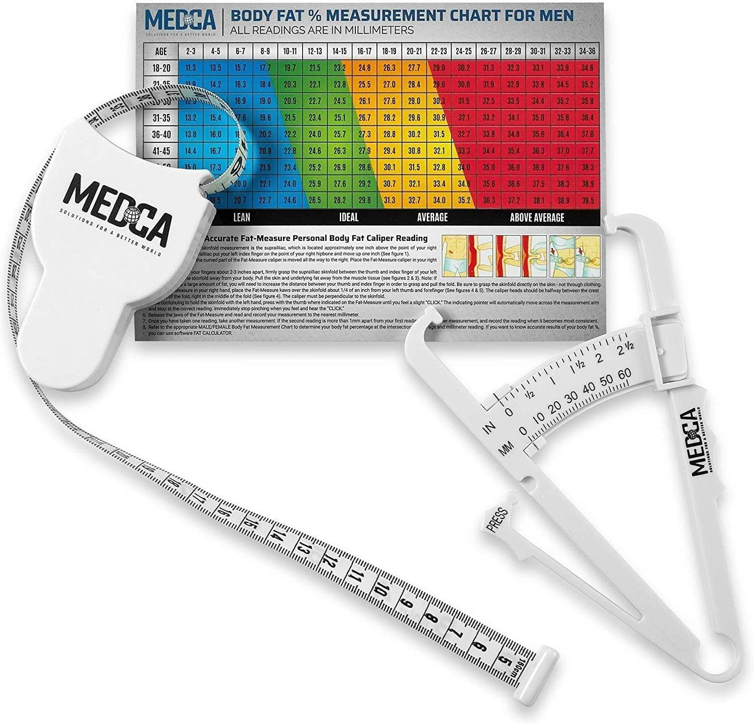 Body Tape Measure and Skinfold Caliper for Body Set - (Pack of 2) - Skin Fold Body Fat Analyzer and BMI Measurement Tool, White by Medca image number 2