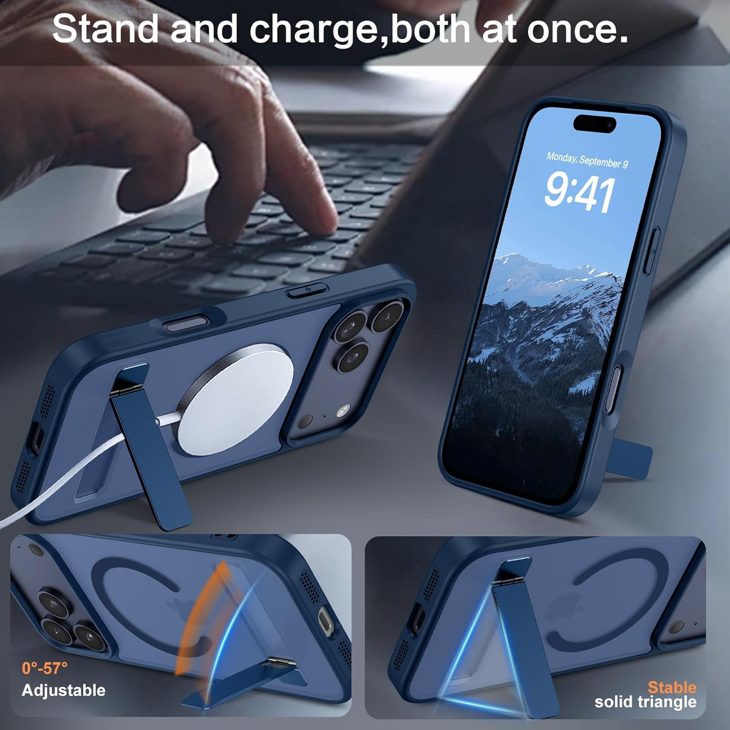 VENINGO Case for Iphone 17 Pro Max, Magnetic Cover with Invisible Kickstand, Compatible with Magsafe Slim Translucent Matte Full-Body Protective Shockproof Case for Iphone 17 Pro Max 6.9 Inch, Blue image number 5