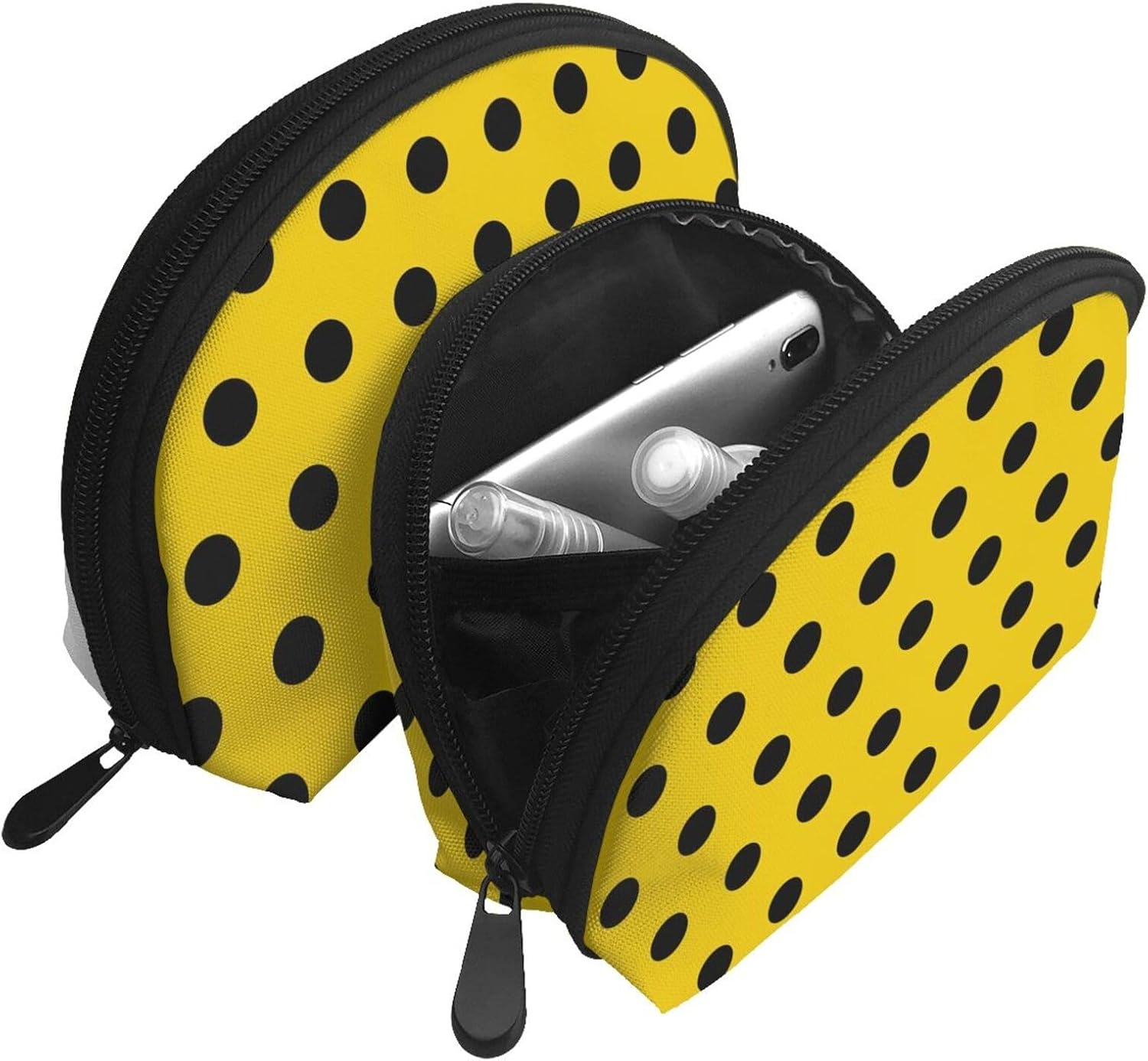 Cozimangoe Coin Pouch Makeup Bags Set, 2 Piece Shell Shape Cosmetic Bag with Pockets for Daily Travel Handbag Lipstick Keys Toiletry, Personalized Black and Yellow Polka Dots image number 5