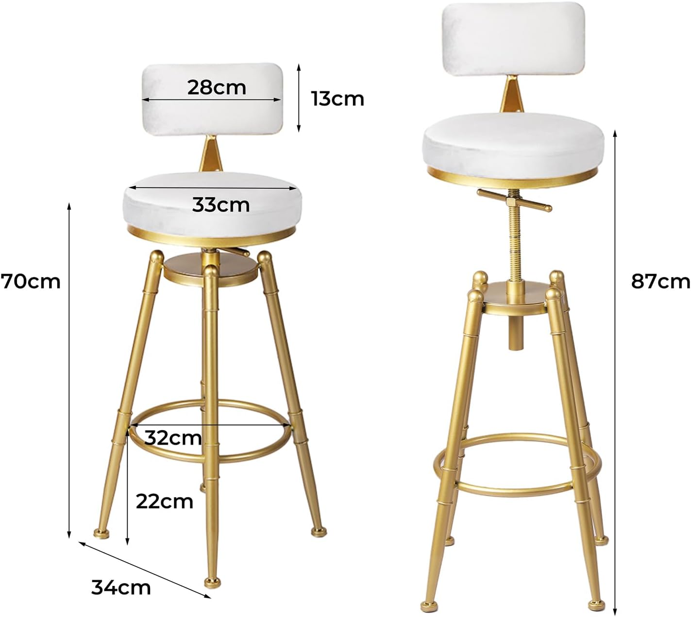 LEVEDE 2X Bar Stools Height Adjustable, 360&deg; Swivel Bar Chairs with Backrest and Footrest, Velvet Seat Kitchen Counter Stools for Home Bar, Dining Room, Cafe, 150Kg Capacity (White) - White image number 2