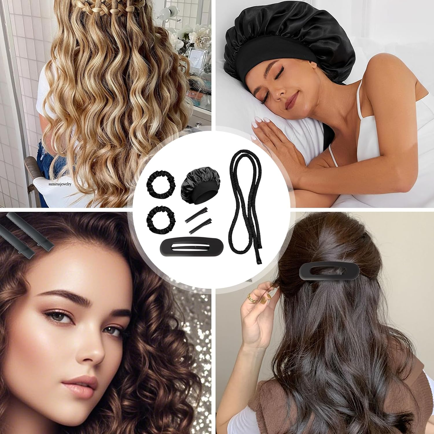 Heatless Curls Band, Heat-Free Curlers Black, Heatless Curling Rods Headband, with Silk Hood and Hairpin, Curls Headband for Long Hair, Short Hair, Black image number 1