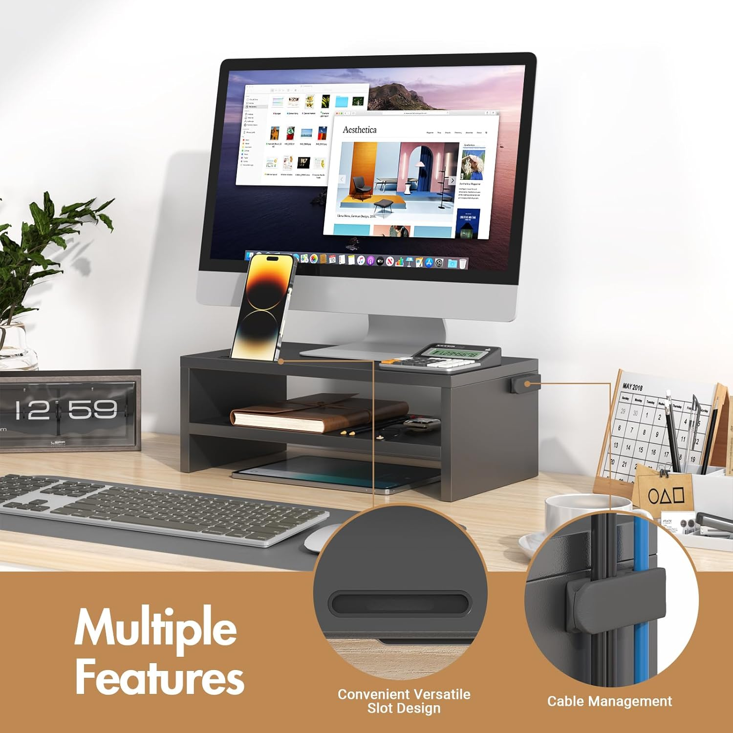 Advwin 2 Tiers Monitor Stand Riser with Storage Monitor Riser Computer Monitor Stand Multifunctional Desktop Stand Organizer Shelf, Black image number 6