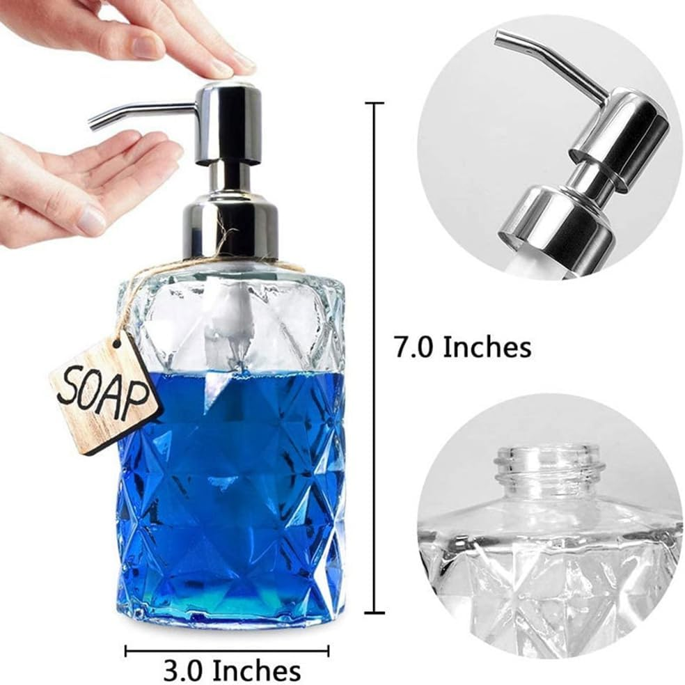 Elqater 1 PCS Diamond Embossed Glass Soap Dispenser as Shown 17.7X7.6Cm Bathroom Soap Dispenser image number 3