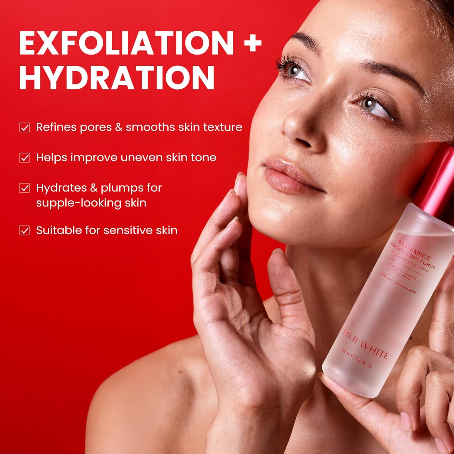 Koji White Exfoliating Toner for Face with 5% PHA BHA Toner, 2% Niacinamide, Kojic Acid & Hyaluronic Acid | Hydrating & Soothing Facial Toner | Unscented, Sensitive, Vegan, 150Ml (5.07 Fl Oz) image number 5