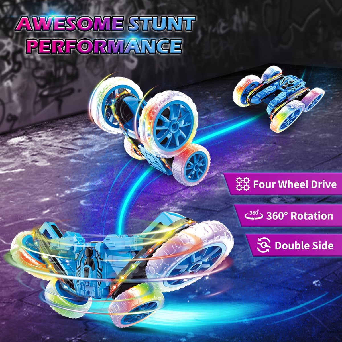Kaekid Remote Control Car, RC Stunt Toys with LED Lights & Cool Spray, Double-Sided 360&deg; Rotating 4WD High Speed Off-Road Car, Indoor/Outdoor Toy RC Drift for 6 7 8 9 10 11 12 Year Old Boy (Blue) image number 2
