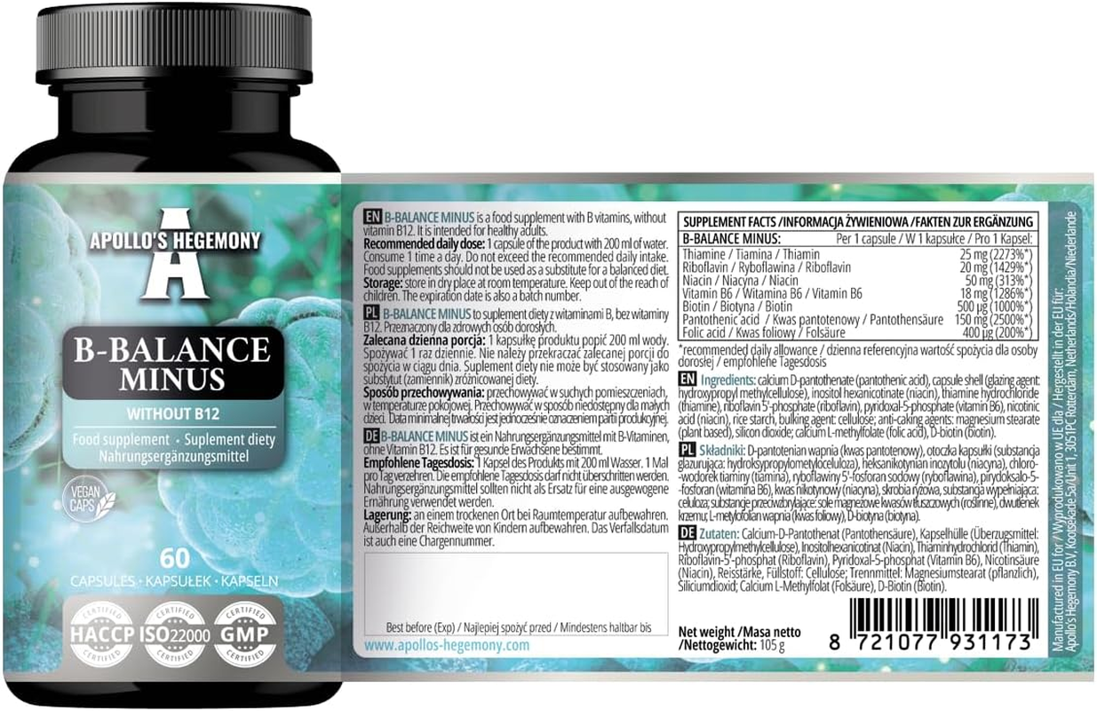 B-Balance minus - 60 Vegan Capsules - excluding B12 for Customized Health Strategies - Comprehensive B-Complex for Metabolism & Nervous System Support - by Apollo'S Hegemony image number 1