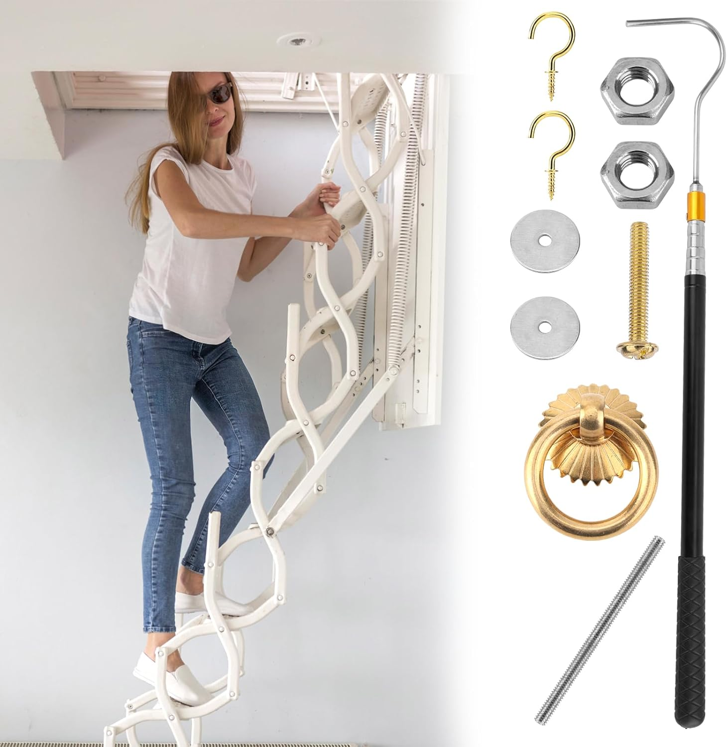 Ladder Pull down System Kit, Practical Attic Ladder Pull down System Kit with up to 64In Retractable Tie Rod with Hook M4 Screw Screw Nut Attic Ladder Tools and Accessories image number 3
