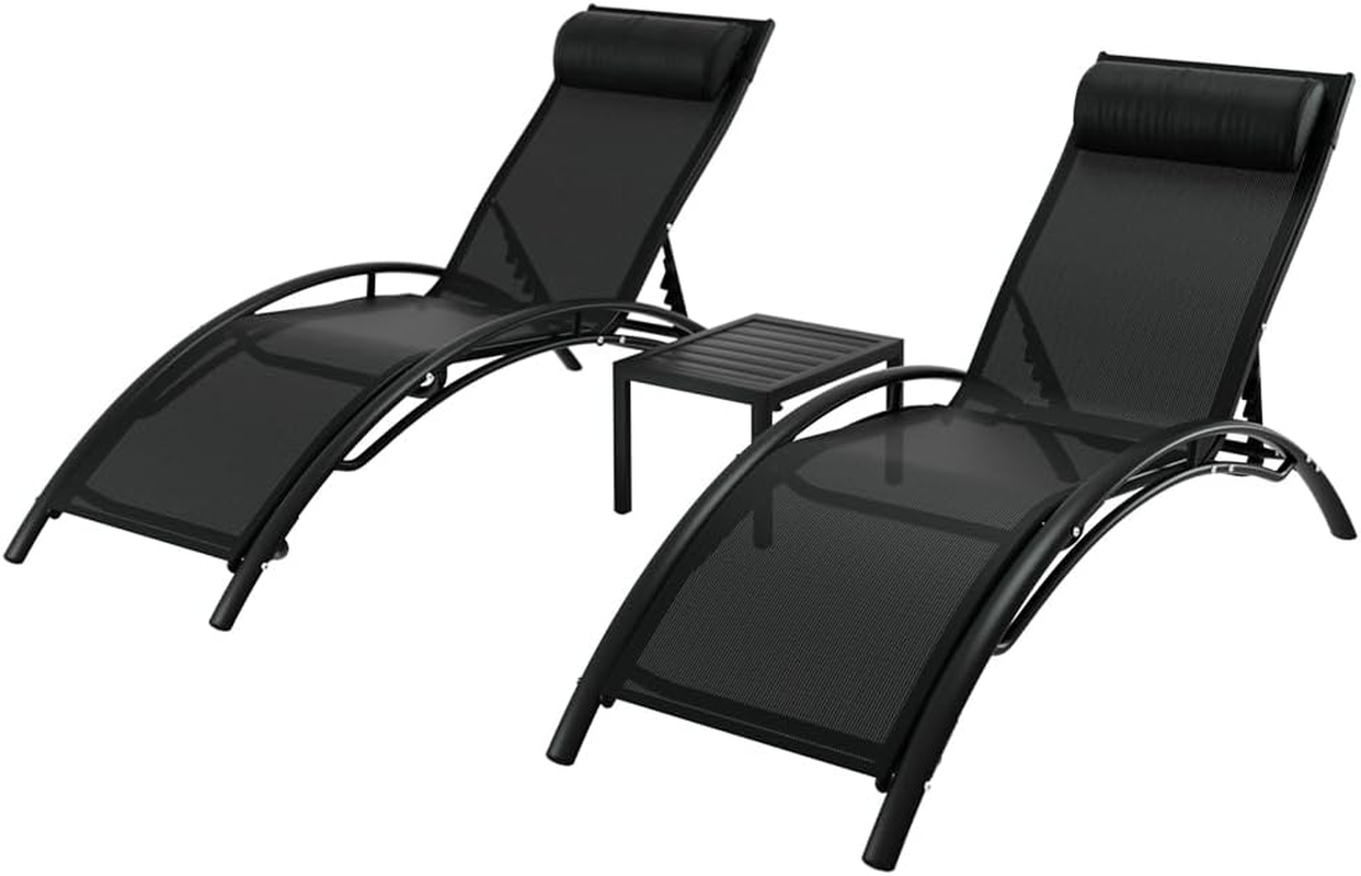 Gardeon 3Pcs Sun Lounge with Table, Camping Chair Lounger Day Bed Chaise Beach Chairs Outdoor Furniture Garden Patio Setting Pool Backyard, Adjustable Backrest Black image number 1
