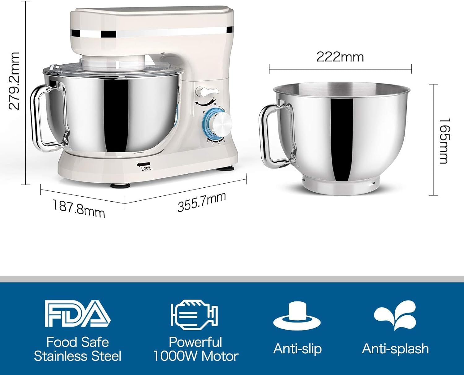 WOOYOOTE Stand Mixer Dough Blender, 5 QT 1000W Food Mixer Electric Cake Mixer with Bowl, Beater, Hook, Whisk, Egg Separator & Silicone Spatula, Dishwasher Safe