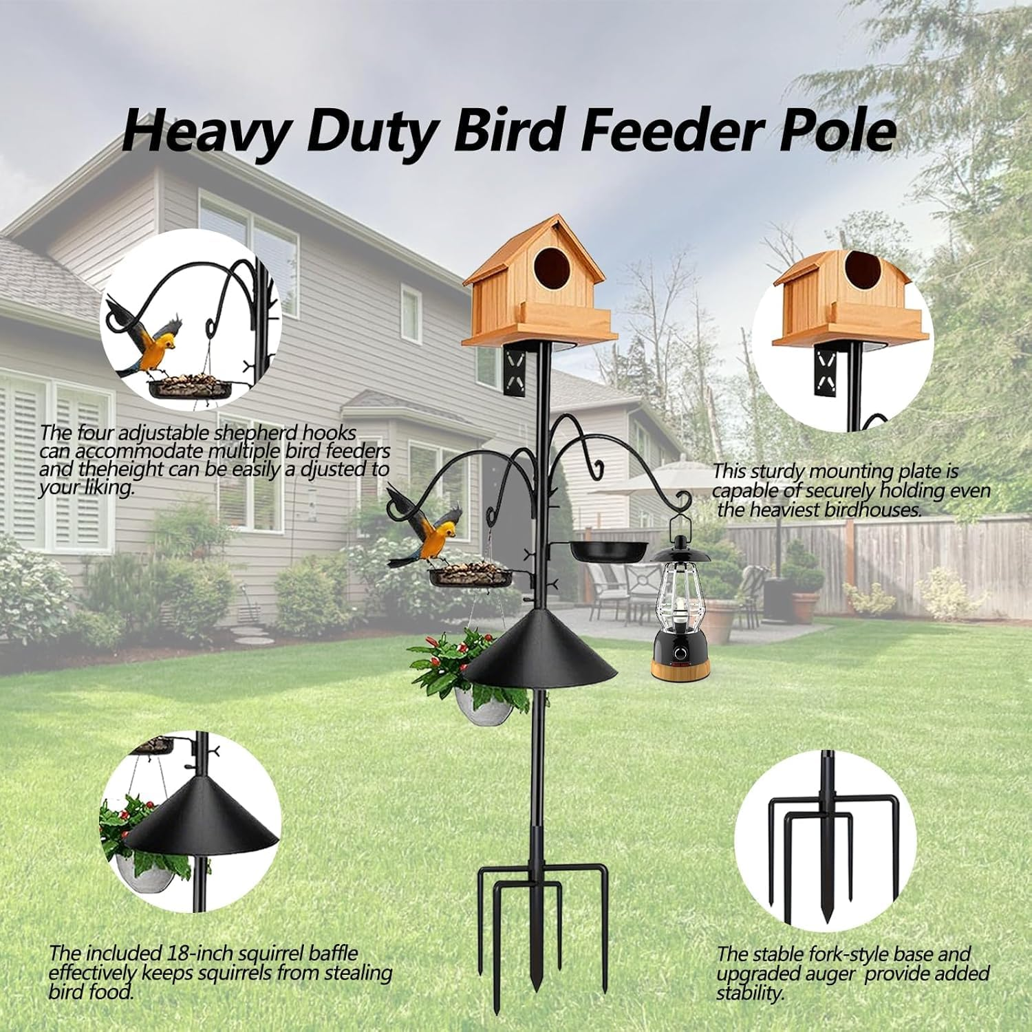 Heavy Duty Bird Feeder Pole Stand, 76 Inch Metal Bird Feeder Pole with Squirrel Proof Baffle, 4 Hooks and 2 Feeding Trays, 5-Prong Base Outdoor Birdhouse Stand, Garden Bird Feeding Station (Black) image number 5