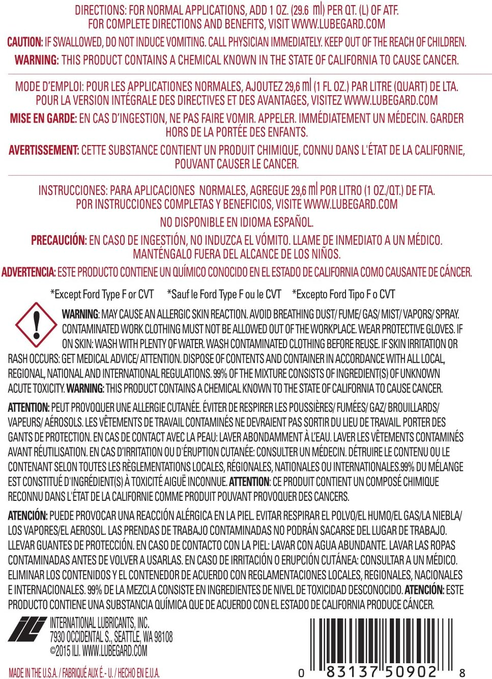 Lubegard 50902 Automatic Transmission Fluid Protectant, 32 Oz. image number 1