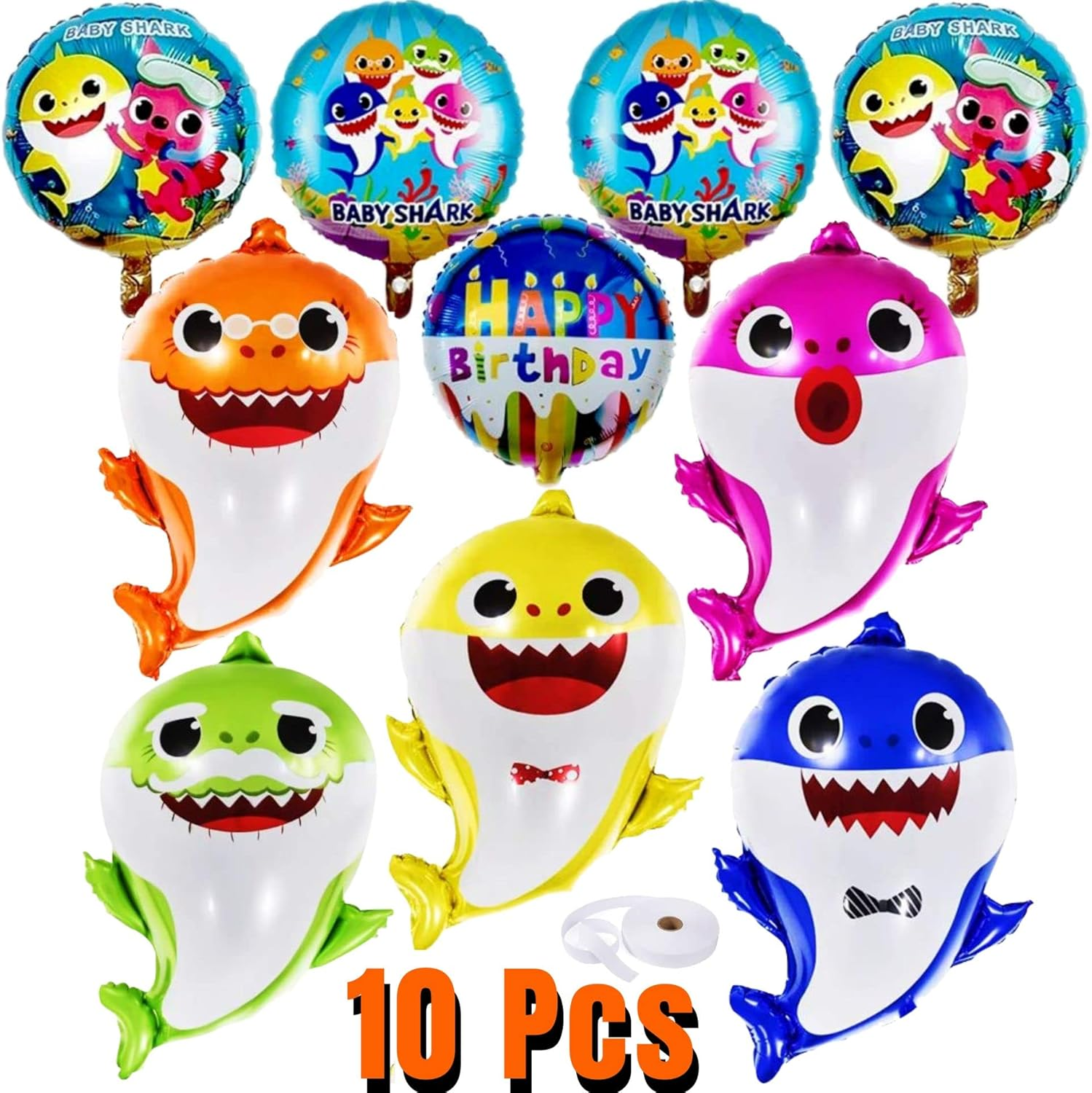 Baby Shark Party Balloons Set - 10 Pcs 26" Helium Balloons, 5 Pcs 17" round Balloons, 10M Ribbon & Straw - Party Supplies and Decorations image number 6