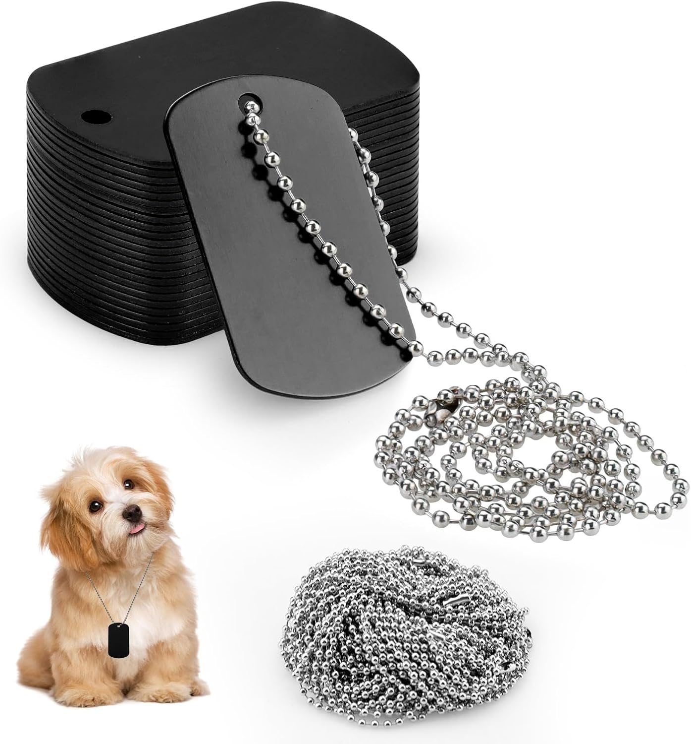 Sekonow Military Dog Tags Set, 25 Aluminum Blank Dog Tag Necklace + 25 Metal Bead Chain, Smooth Edge Rectangle Laser Engraving Labels for Army, DIY Craft, Black