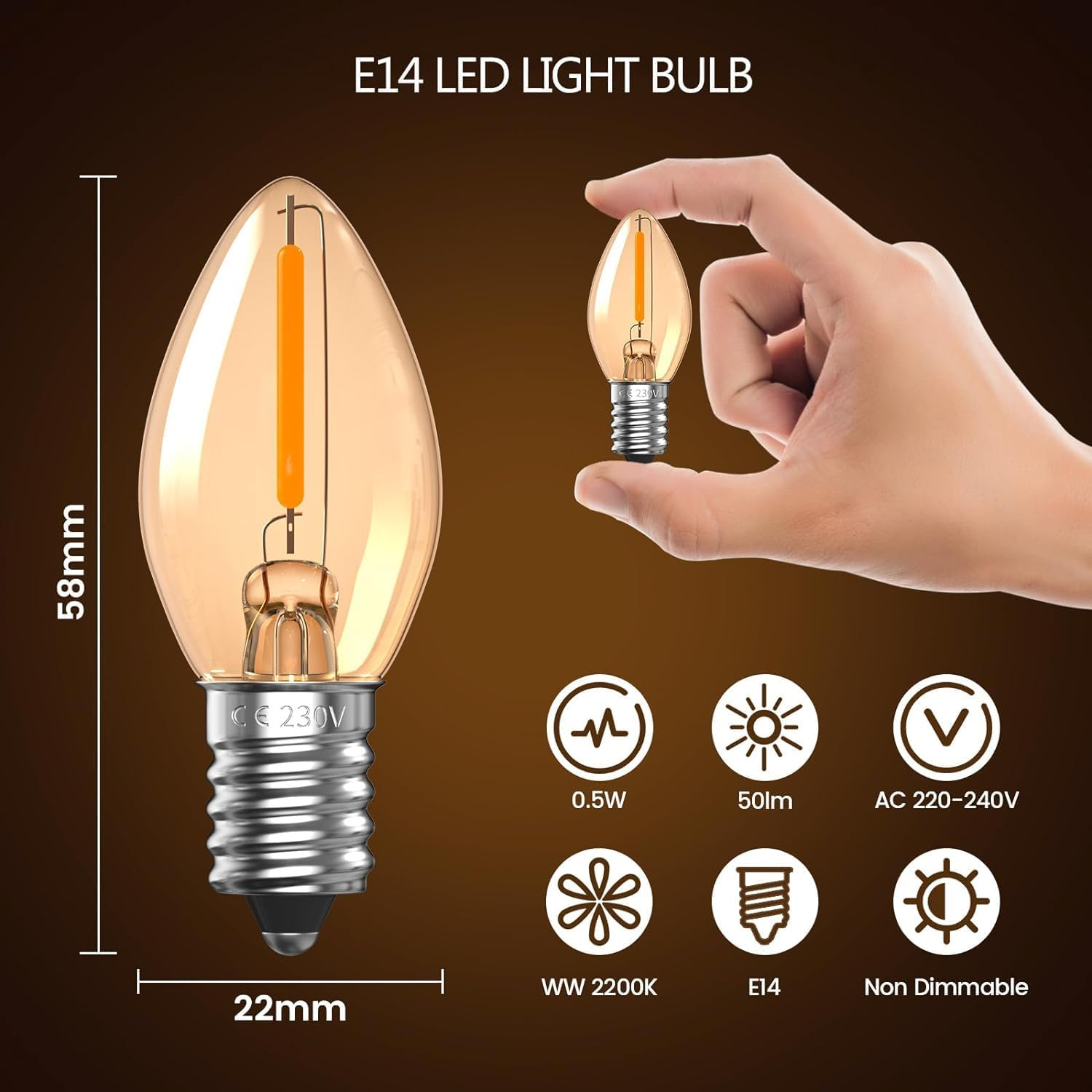 Tobebright E14 LED 0.5W Night Light Bulb C7 Mini LED SES E14 Vintage Candle Light Bulbs Small Screw Edison Amber Salt Lamp Candelabra Bulb Ultra Warm White 2200K (2 Pcs) image number 4