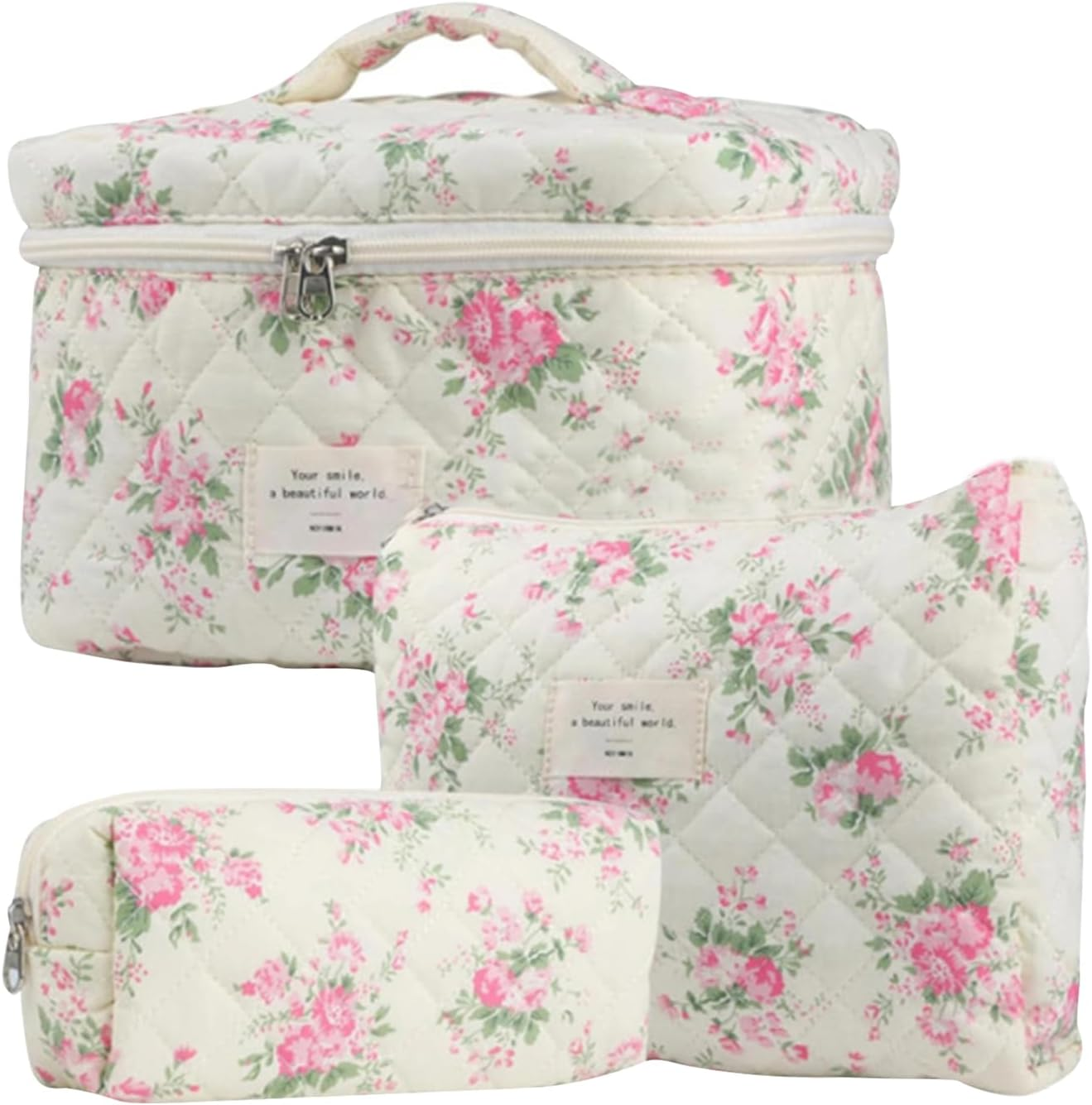 Toiletry Bag Set of 3, Floral Quilted Makeup Bag for Women, Large Capacity Aesthetic Floral Cosmetic Bags for Travel, Travel Skincare Cosmetic Organizer, Wash Organizer Pouch for Ladies Girls