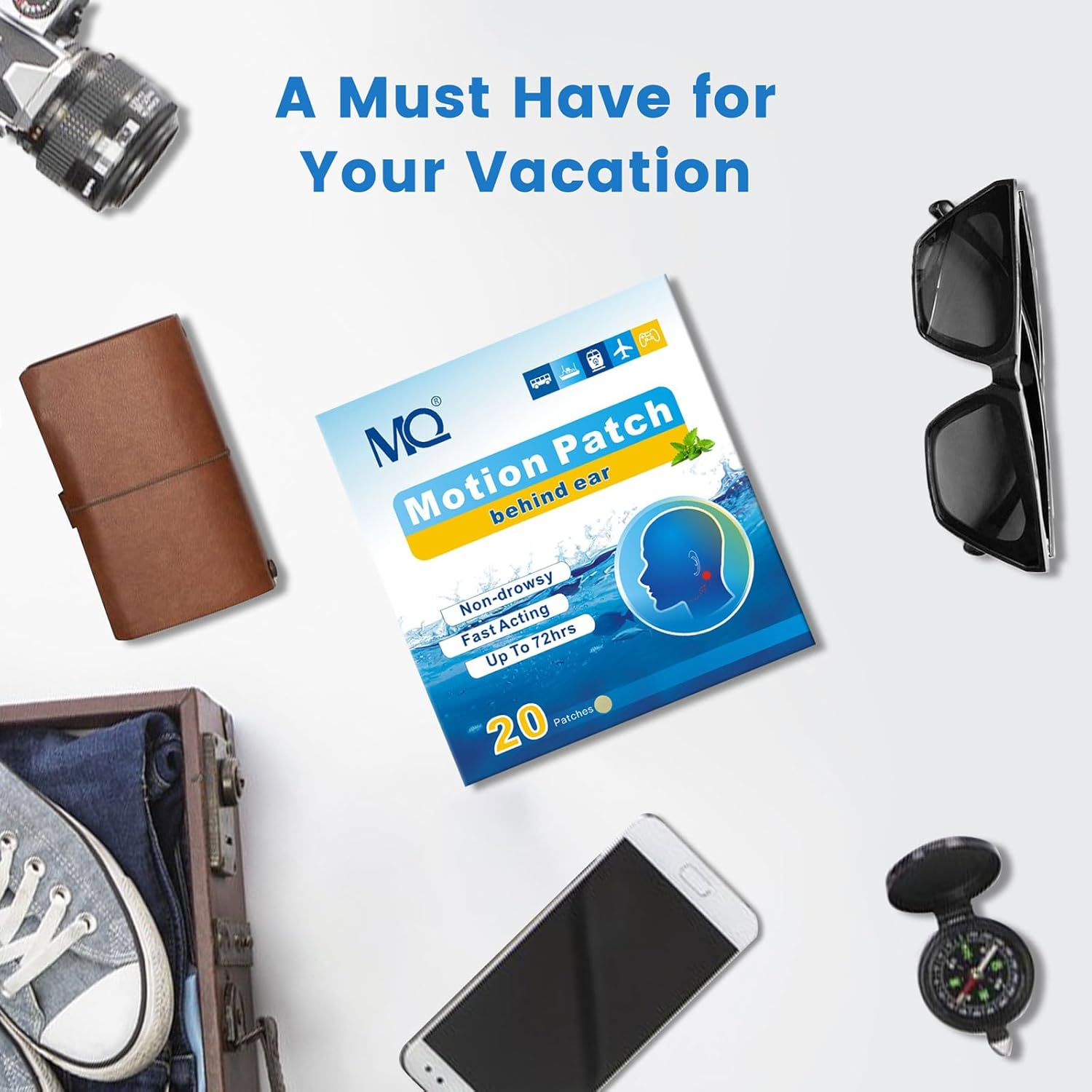 MQ 20Ct Motion Sickness Patches, Light Color, Sea Sickness Patches Non Drowsy & Waterproof, Cruise Ship Travel Essentials, Fast Acting & Long Lasting 72H