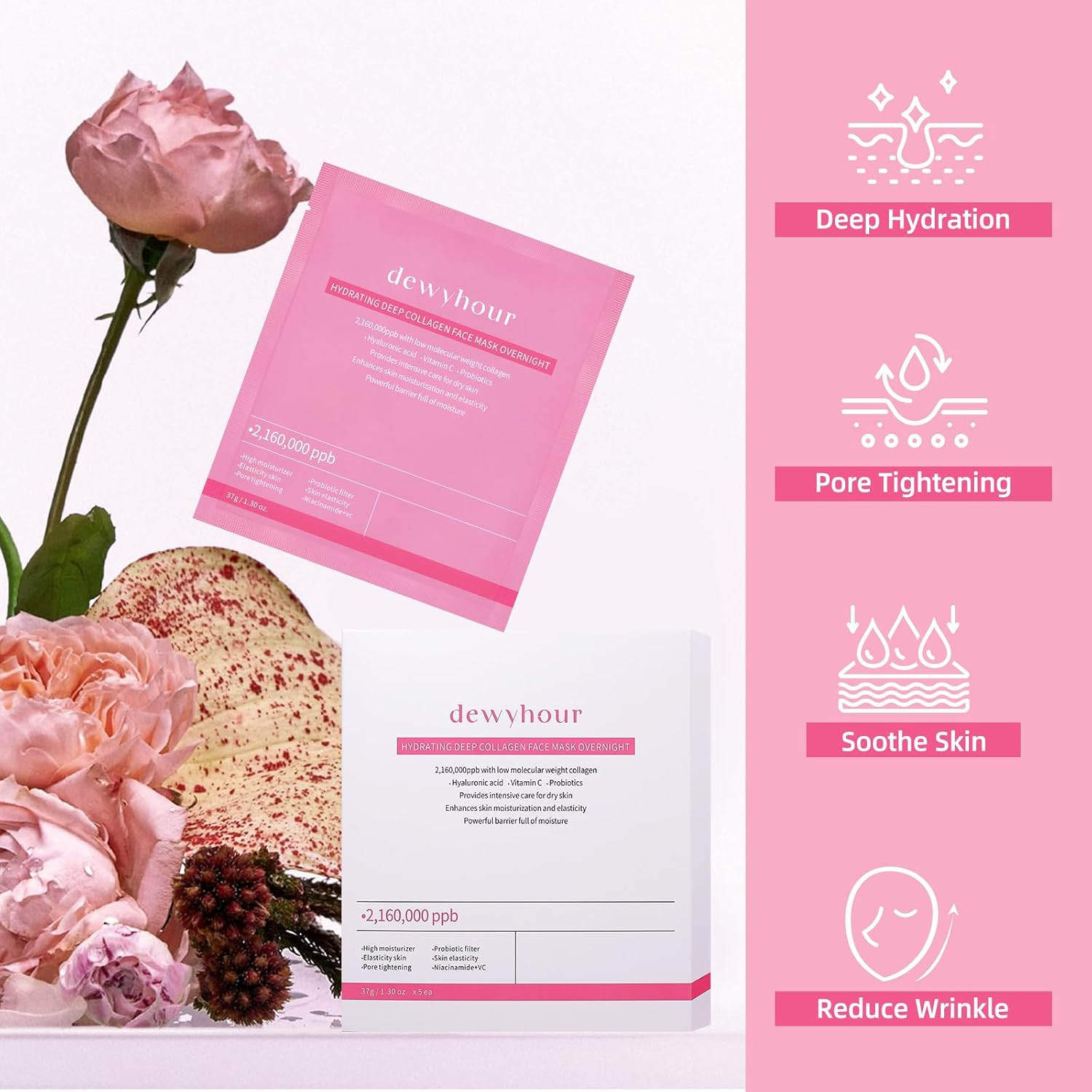 Dewyhour Collagen Face Mask: 5 Pack Hydrating Deep Collagen Mask Overnight Sheet Mask with Hyaluronic Acid,Pore Minimizing,Elasticity Skin image number 4