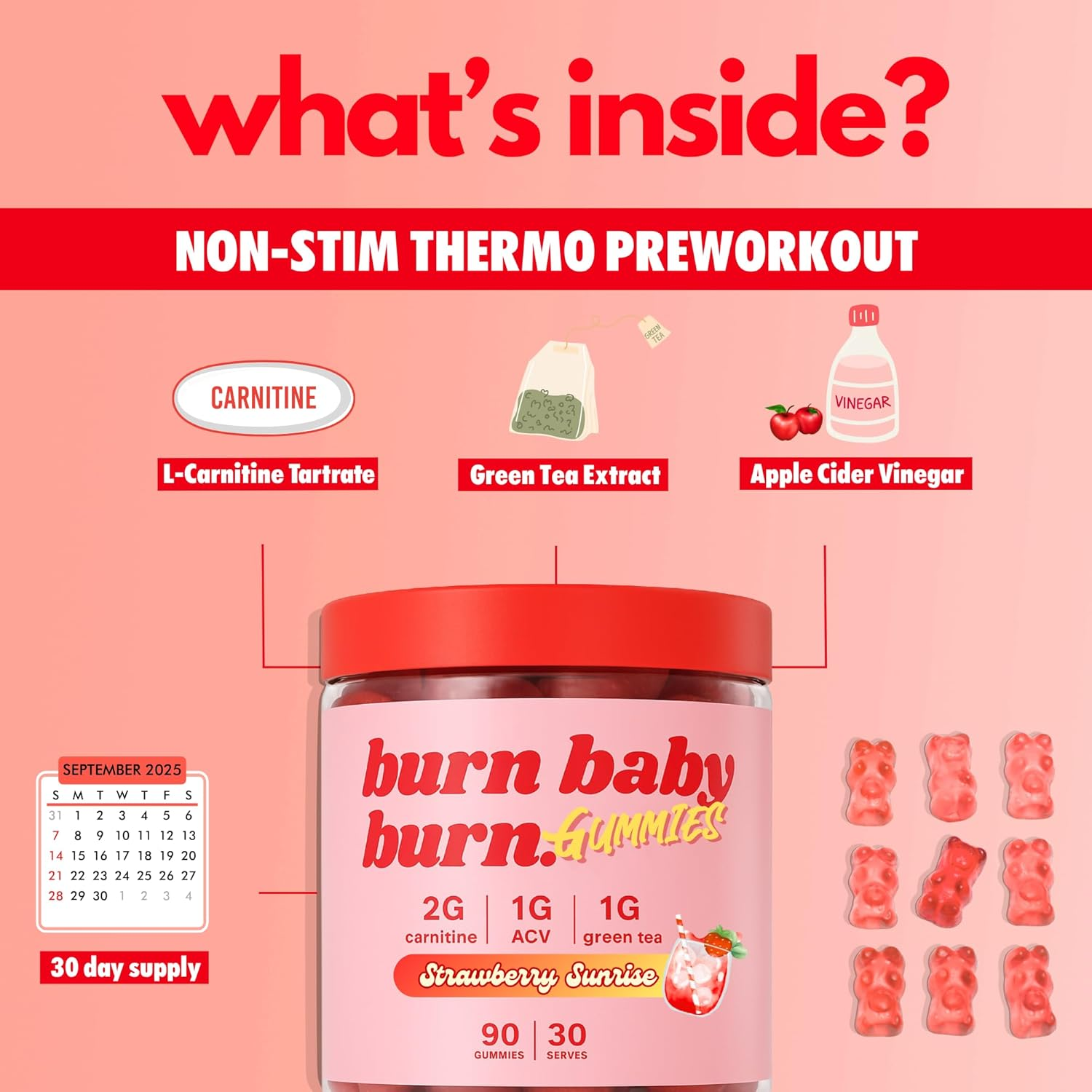 Pre-Workout Gummies Non-Stim Thermo Daytime Vegan Preworkout - BBB&trade; by the Gummy Lab&trade; with L-Carnitine, Green Tea, Apple Cider Vinegar | Strawberry Sunrise | 90 Gummies (30 Servings) image number 4