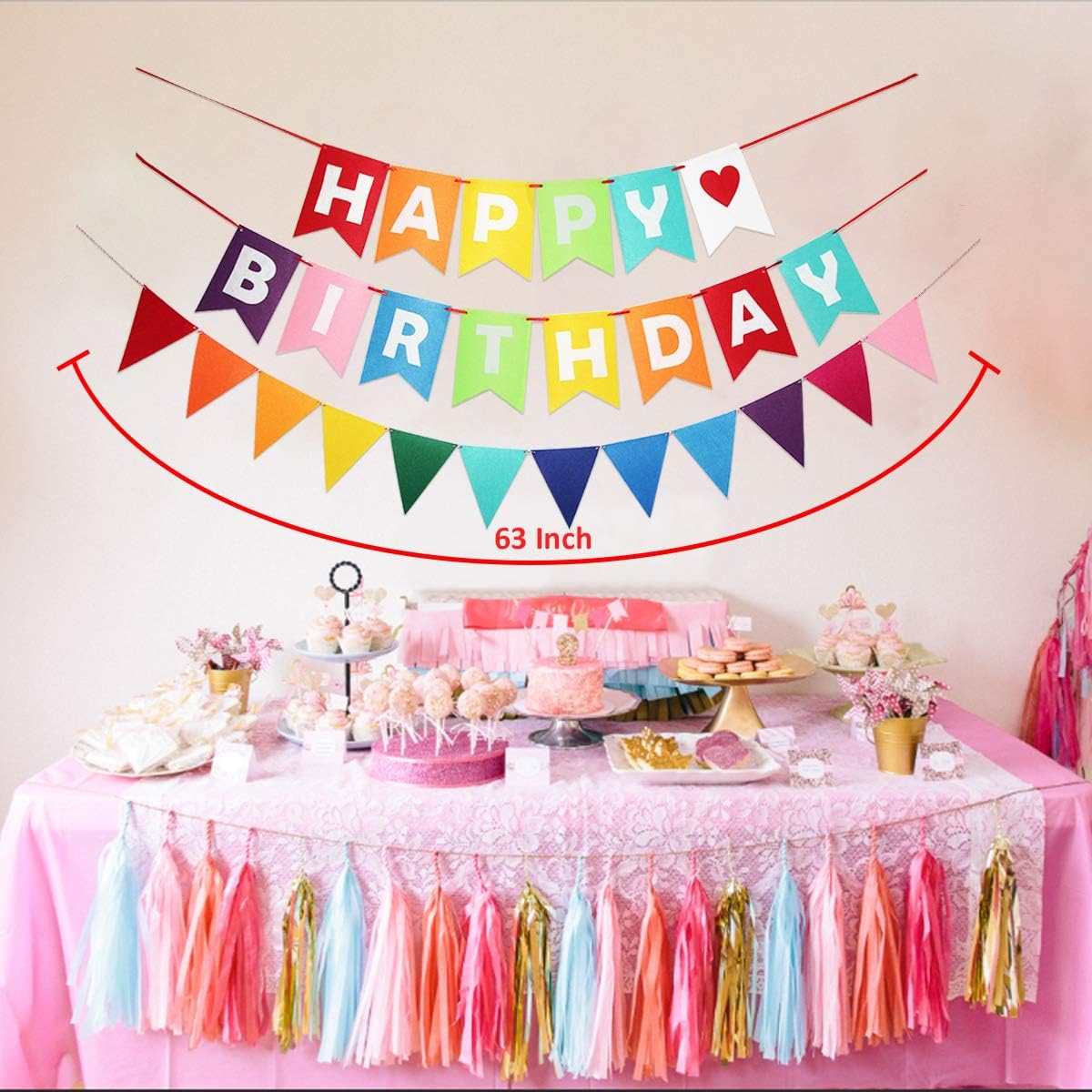 Colorful Happy Birthday Banner, Rainbow Happy Birthday Sign Happy Birthday Decorations Felt Bunting for Birthday Party Supplies, Happy Birthday Party Supplies for Girls Boys image number 1