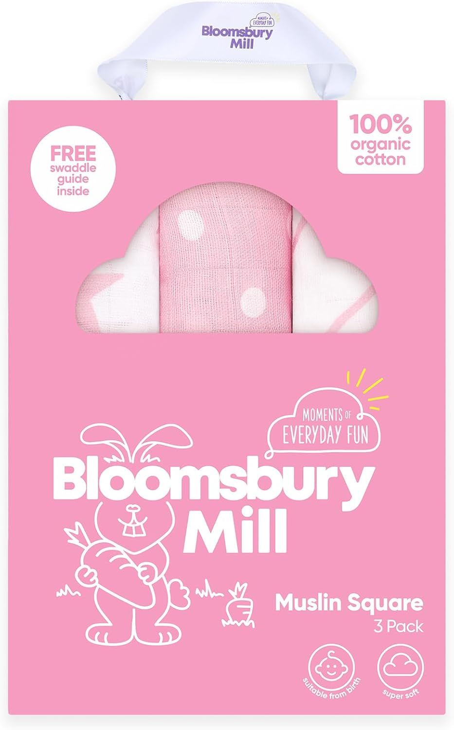 Bloomsbury Mill - Muslin Cloths for Baby - Soft 100% Organic Cotton Muslin Squares - Baby Muslins Pack of 3 - Large Burp Cloths - Newborn Essentials - Pink & White - 70X70Cm - Animal Print image number 3