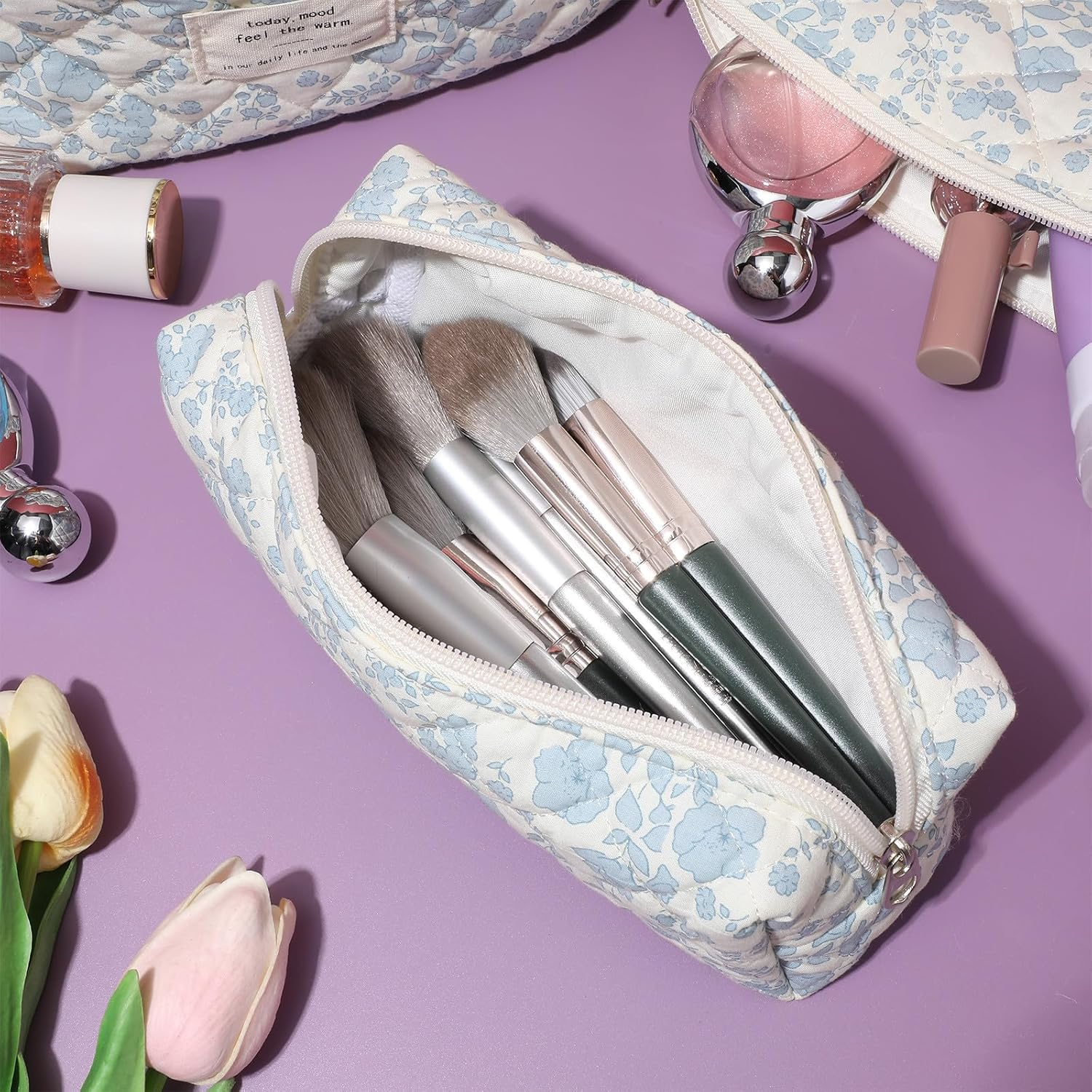 Portable Cotton Quilted Makeup Bag Set for Women, 3Pcs Travel Toiletry Organizer with Zipper, Floral Print Vanity Pouch for Bathroom and Travel Use