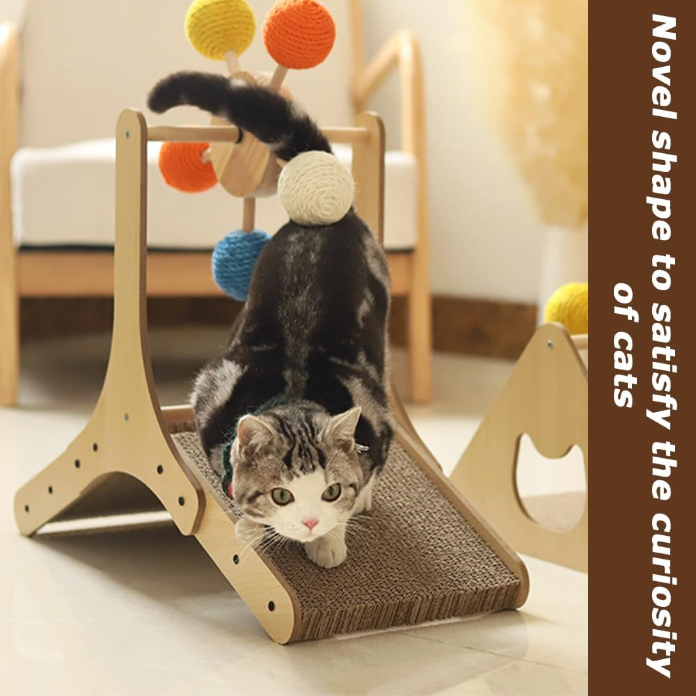 Wood Cat Climbing, Interactive Puss Play Tower, Toy with 360&deg; Rolling Ball & Ramp Scratcher, for Indoor Pussy to Play (56.5 X 26.5 X 57CM) image number 2