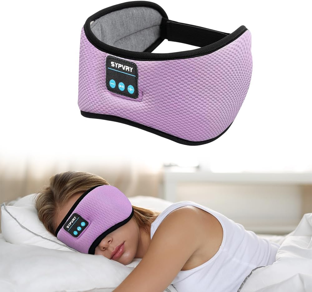 Bluetooth Headphones Headband Eye Mask Wireless Bluetooth Sleep Mask for Side Sleepers Velcro Adjustable Bluetooth 5.3 Speaker Microphones Airplane Travel Light Blocking Music Eye Cover, Purple image number 3