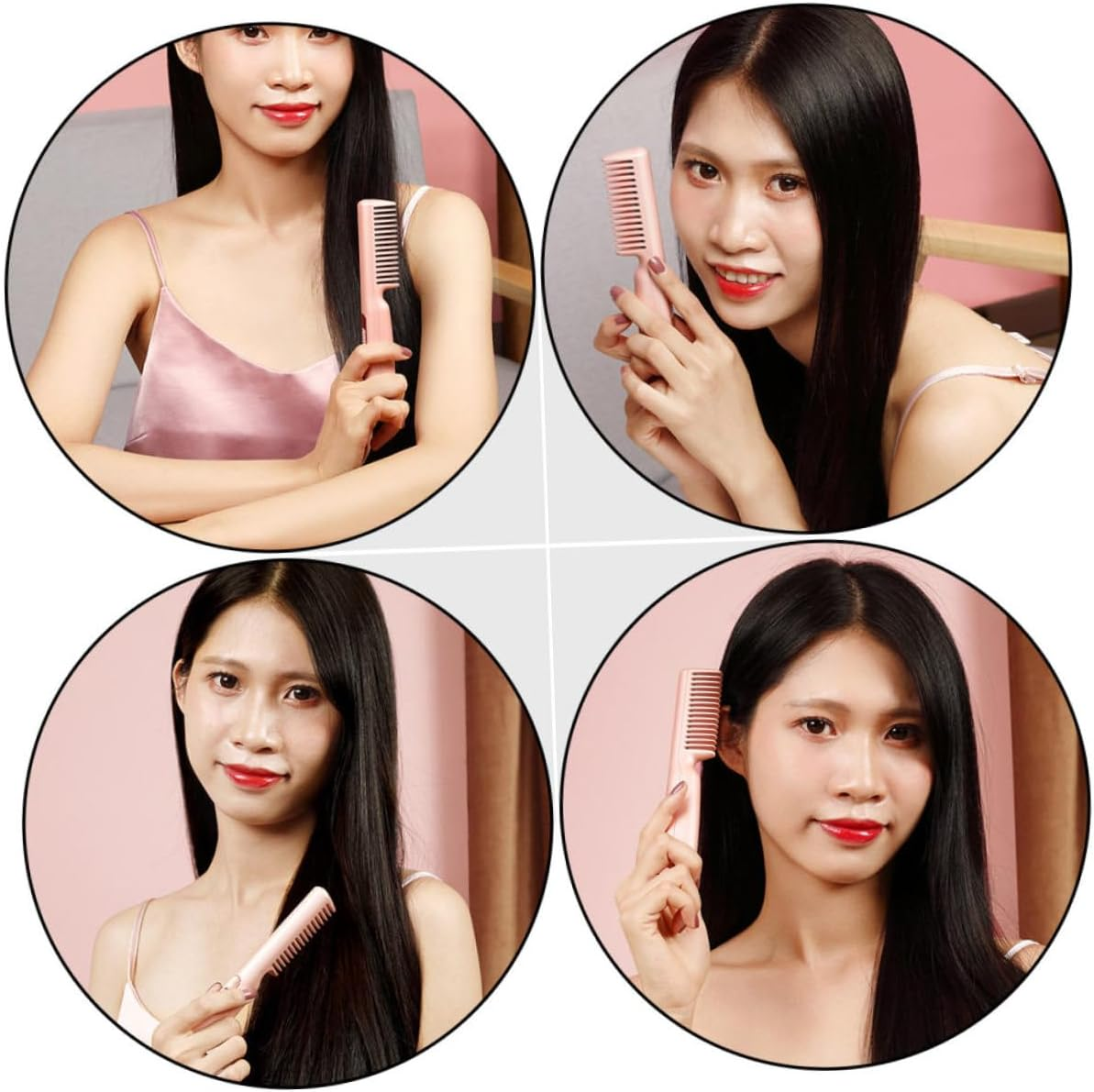 Heating Hair Straightening Brush and Curler Comb Portable USB Rechargeable Pink Mini Travel Hair Straightener Comb for Women image number 3