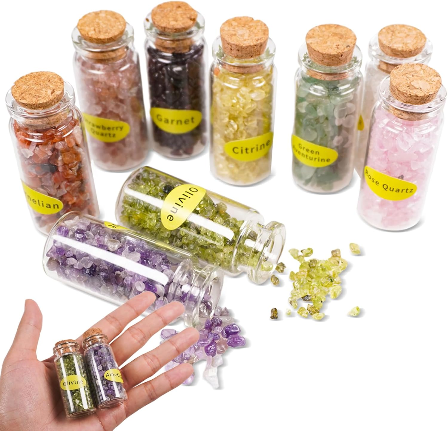9PCS Crystal Gemstone Bottles Set, Healing Crystal Tumbled Stones Collection Kit, Mini Natural DIY Craft Quartz Gravel Wishing Bottle for Yoga, Reiki, Healing, Meditation, Chakra Balance image number 2