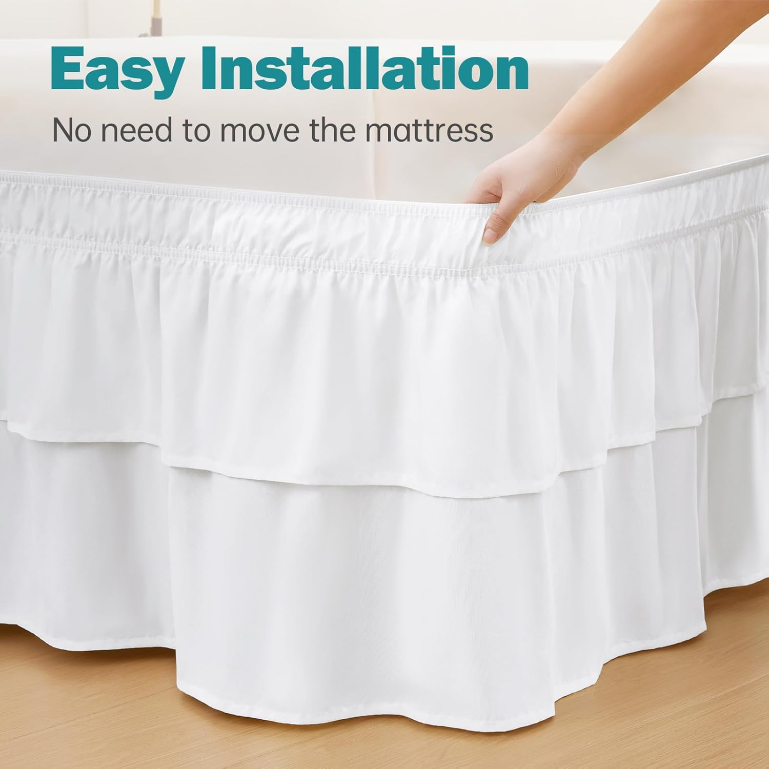 Vocander 2 Layer Bedskirt,White Queen Size Bed Skirt 18 Inch Drop Easy to Put On,Elastic Wrap around Dust Ruffle for Bed Frame & Mattress,Luxury Bedskirt for Adjustable Bed Microfiber Fabric image number 2