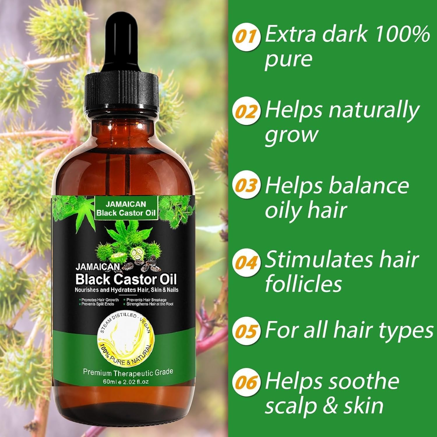 Jamaican Black Castor Oil, 100% Pure & Organic, Cold Pressed in Glass Bottles for Hair, Eyelashes, Eyebrow, Skin Growth, Hydration, Nourishment, Regeneration, Massage Essential Oil, 2 Fl Oz, image number 4