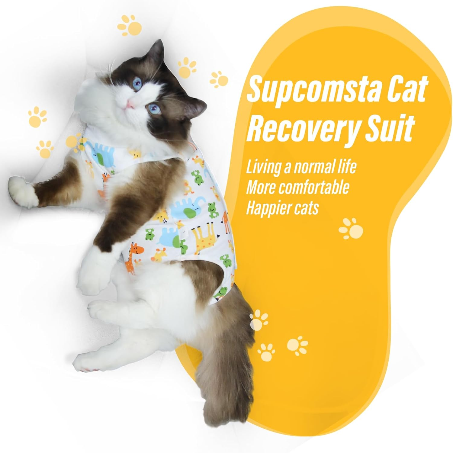 Supcomsta Cat Recovery Suit Female,Soft Kitten Onesie for Cats after Surgery,Elastic Collar Cat Clothes for Post-Surgery Skin Diseases Protection,Perfect Cone of Shame Alternative (L, Cute Animal) image number 2