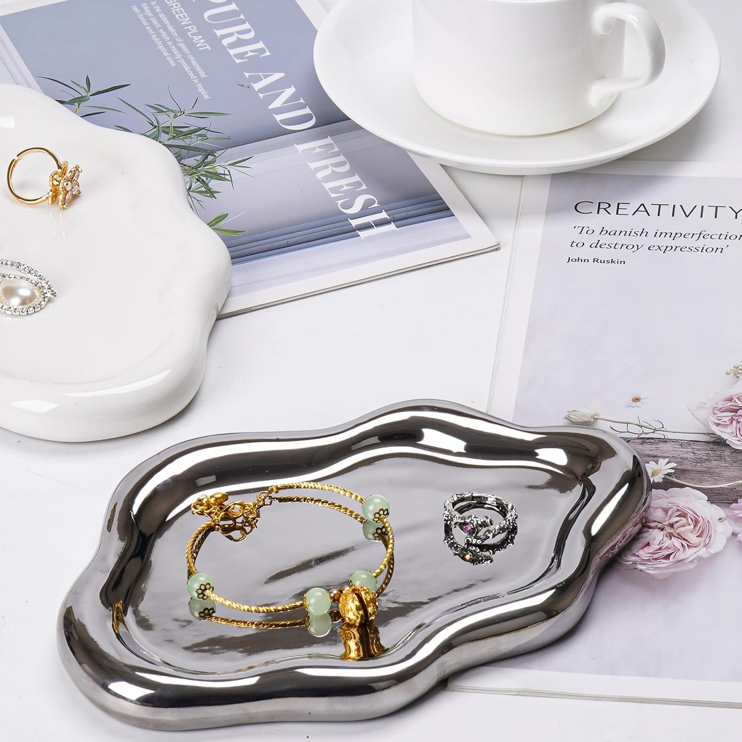 BIGPIPI Ceramic Jewelry Tray Dish for Ring Key Trinket, Cute Cloud Shape Decorative Jewelry Plate Holder for Women Gift (Silver), 7.6+ X 5 X 0.6