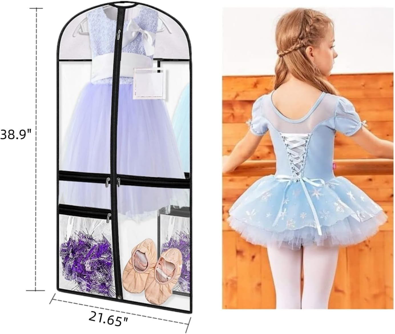 Clear Dance Costume Garment Bag, 39 Inch Garment Bag for Dance Competitions, Kids Hanging Clothes Cover for Girls Closet Storage with 3 Zippered Pockets (2 Pack, Clear) image number 3