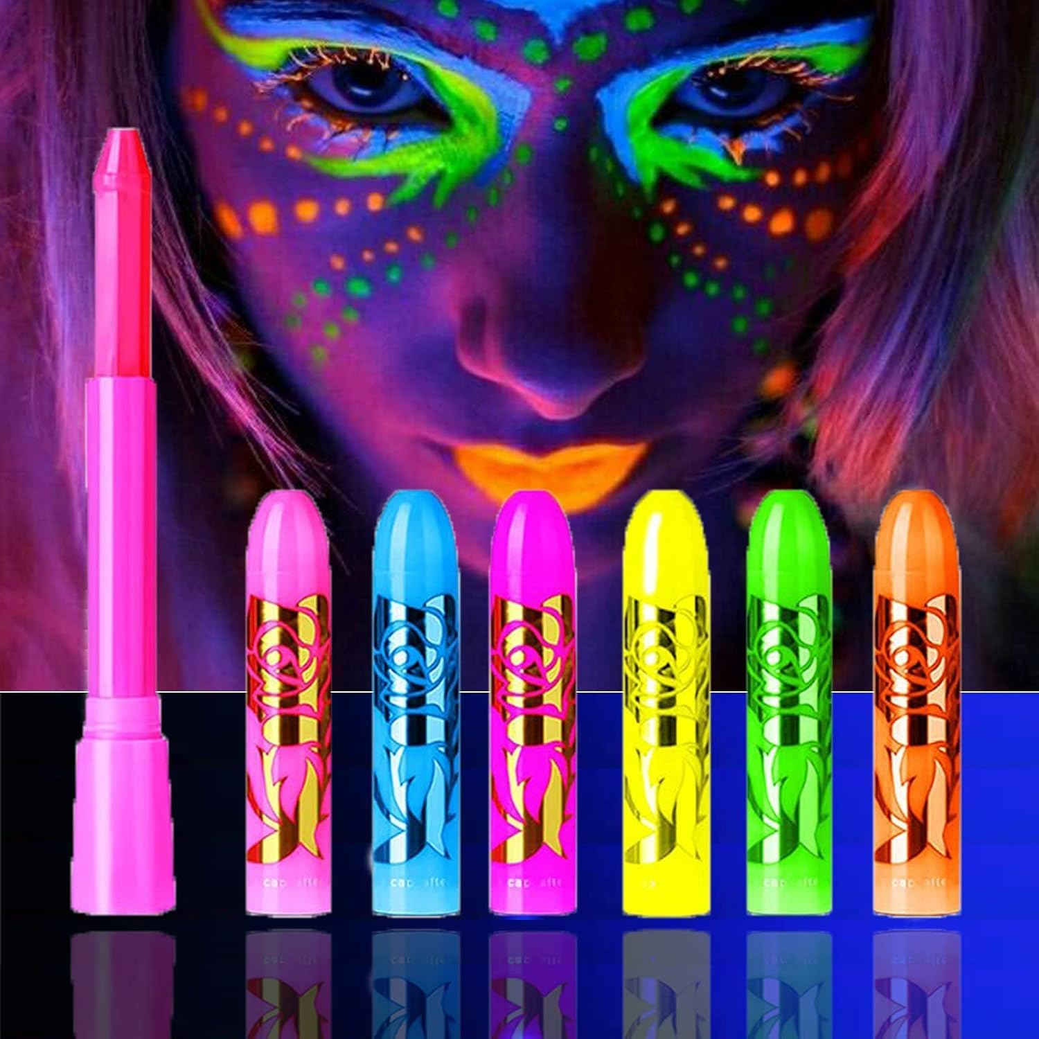 Glow Face Body Paint, 6PCS Glow in the Dark under UV Black Light Sticks Makeup Neon Face Painting Kits for Adult Halloween Festival Accessory Glow Party Supplies image number 6