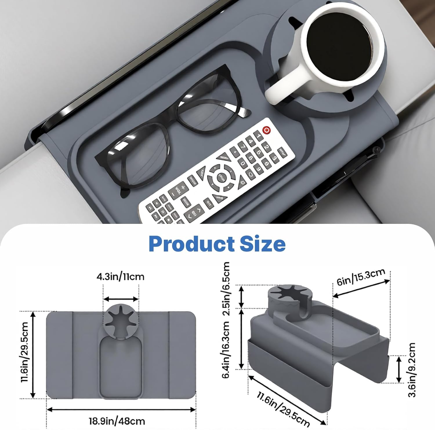 Uandhome Couch Cup Holder Tray, Silicone Sofa Armrest Organizer with Assesory Pockets for Storage Remotes, Cell-Phone,Tablet or Snack, Anti-Spill and Anti-Slip Couch Cup Holder for Drink (Gray) image number 4