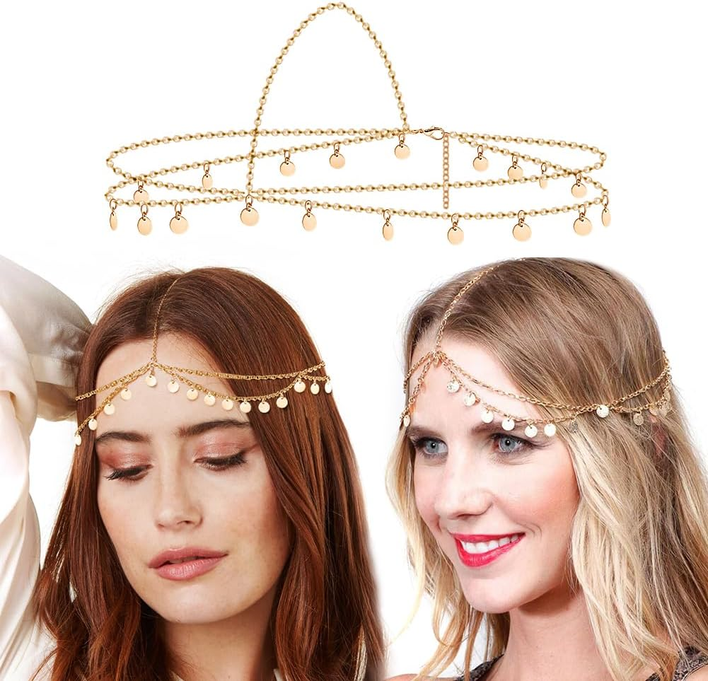 Women'S Gold Headband, FUKPO Boho Headchain, Gold Hippie Oriental Headpiece, Gold Sun, Golden Head Chain, Hair Chain, Wedding Bridal Hair Accessories, Sequins, Tassels, Headband, Festival, Women And image number 2