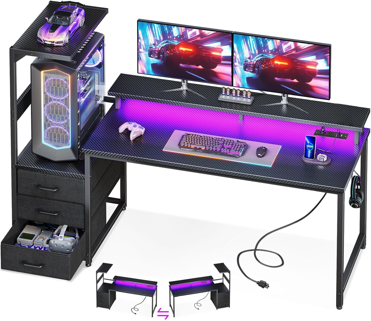 ODK 59Inch Gaming Desk with LED Lights & Power Outlet, Reversible Computer Desk with Drawers, Gaming Table with Monitor Stand & Storage, 151 * 50 * 114.7Cm, Carbon Fiber Black image number 5