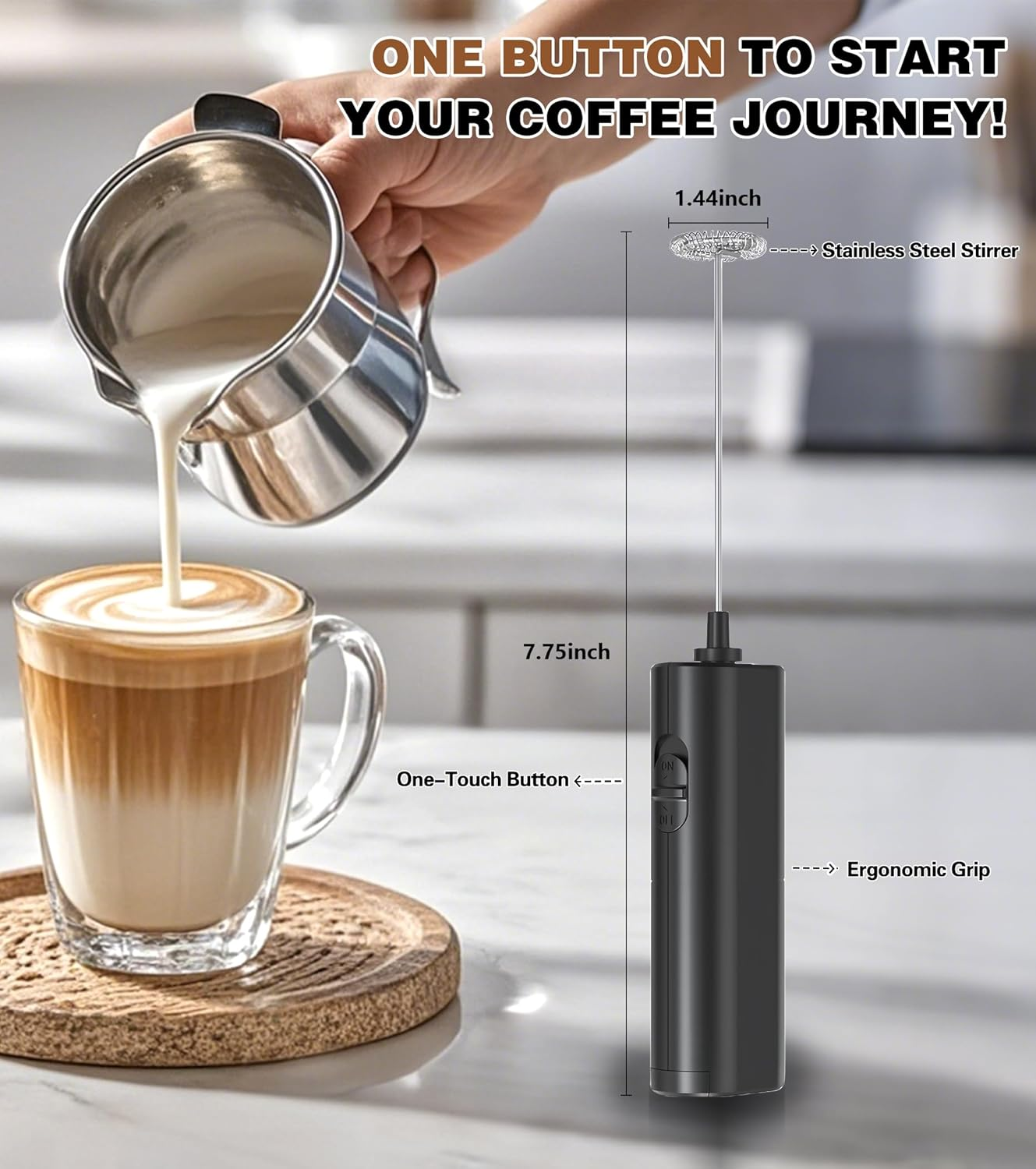 BIBECARE Milk Frother Handheld Powerful Mixer Mini Hand Blender for Perfect Lattes, Cappuccinos & More &ndash; Portable Stainless Steel Whisk, Ideal for Frappe, Hot Chocolate, Coffee Creamer, and Matcha image number 6