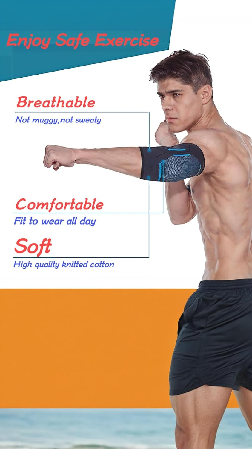 Honwor 2-Pack Elbow Brace Compression Sleeves for Men and Women - Tendonitis, Tennis Elbow, Weightlifting, Sports, Arthritis Support (Blue Black, Medium) image number 5