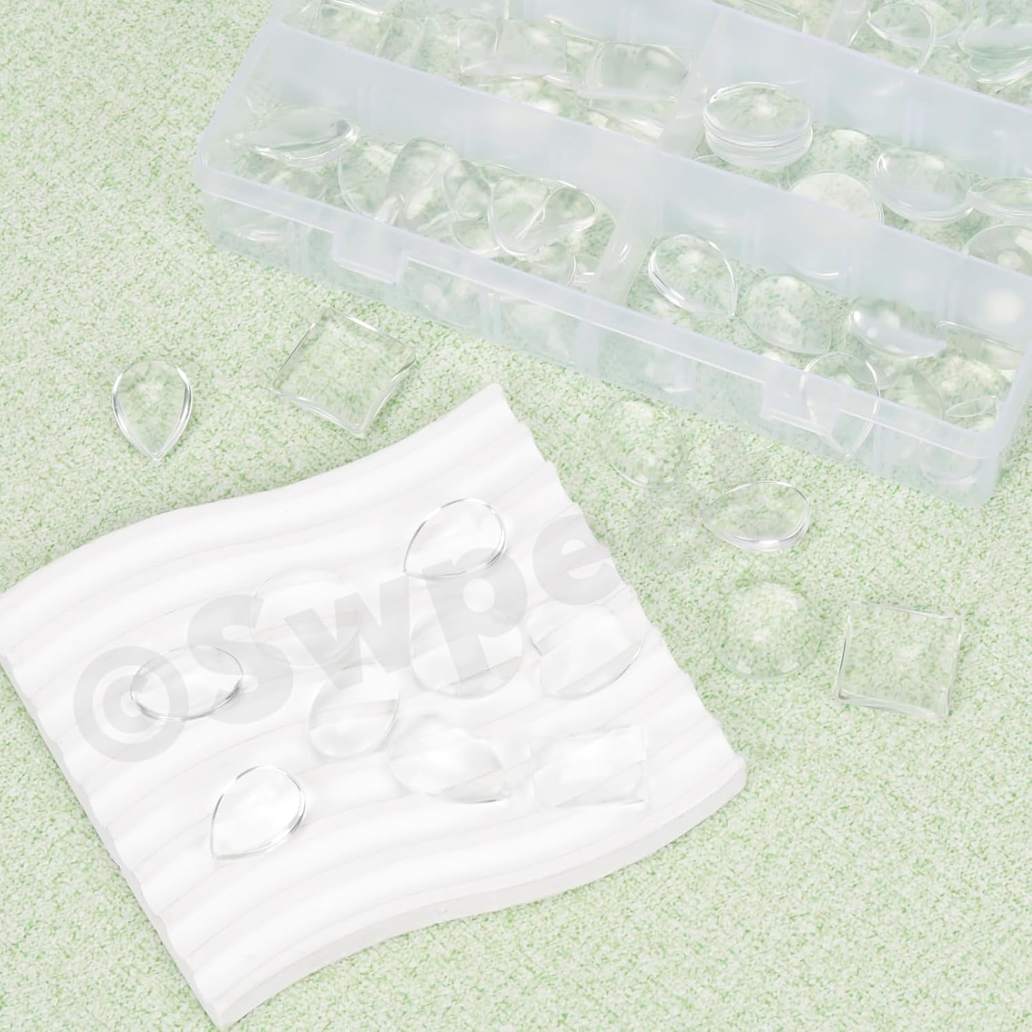 Swpeet 90Pcs 25Mm 6 Styles Round/Square/Rectangle/Heart/Oval/Teardrop Transparent Glass Dome Cabochons Tiles Assortment Kit, Clear Glass Cabochons Tiles for Photo Pendant Necklace Jewelry Making Craft image number 2