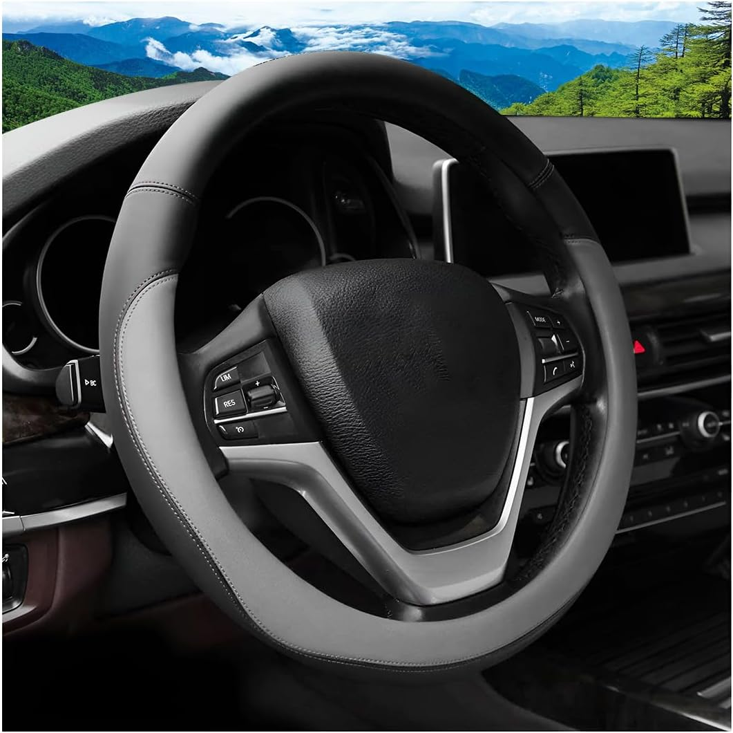 Car Steering Wheel Cover, 14.5"-15" Leather Anti-Slip Sporty Vehicle Steering Wheel Protector, Soft Breathable Auto Interior Decoration Accessories, Universal for SUV Truck Sedan (Grey) image number 1