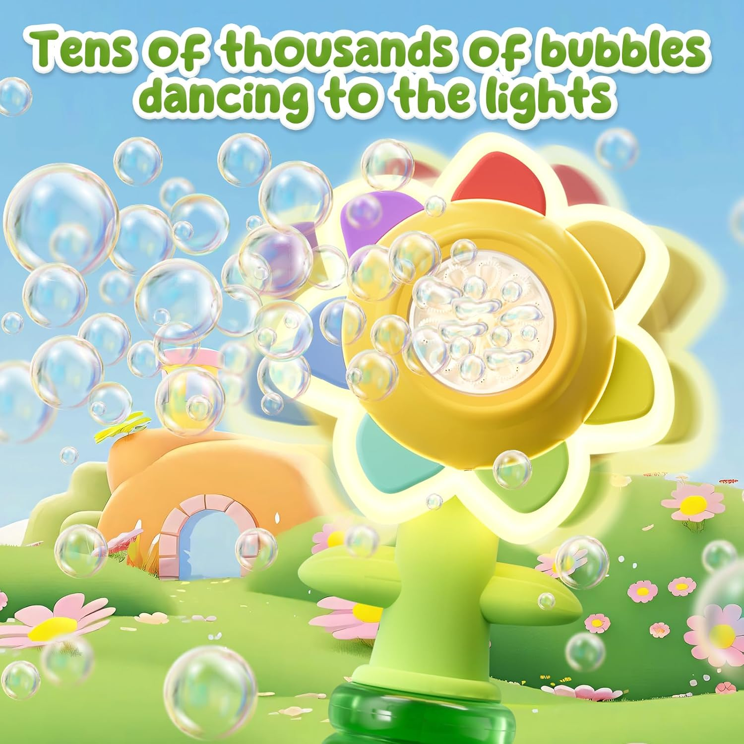 2 Pack Rechargeable Flower Bubble Guns for Kids W/LED Lights & 10 Refill Solutions, Fun Swing Dance Bubble Maker Machine Blower Blaster Toys,Outdoor Summer Play, Easter, Birthday Party Favors & Gifts image number 6