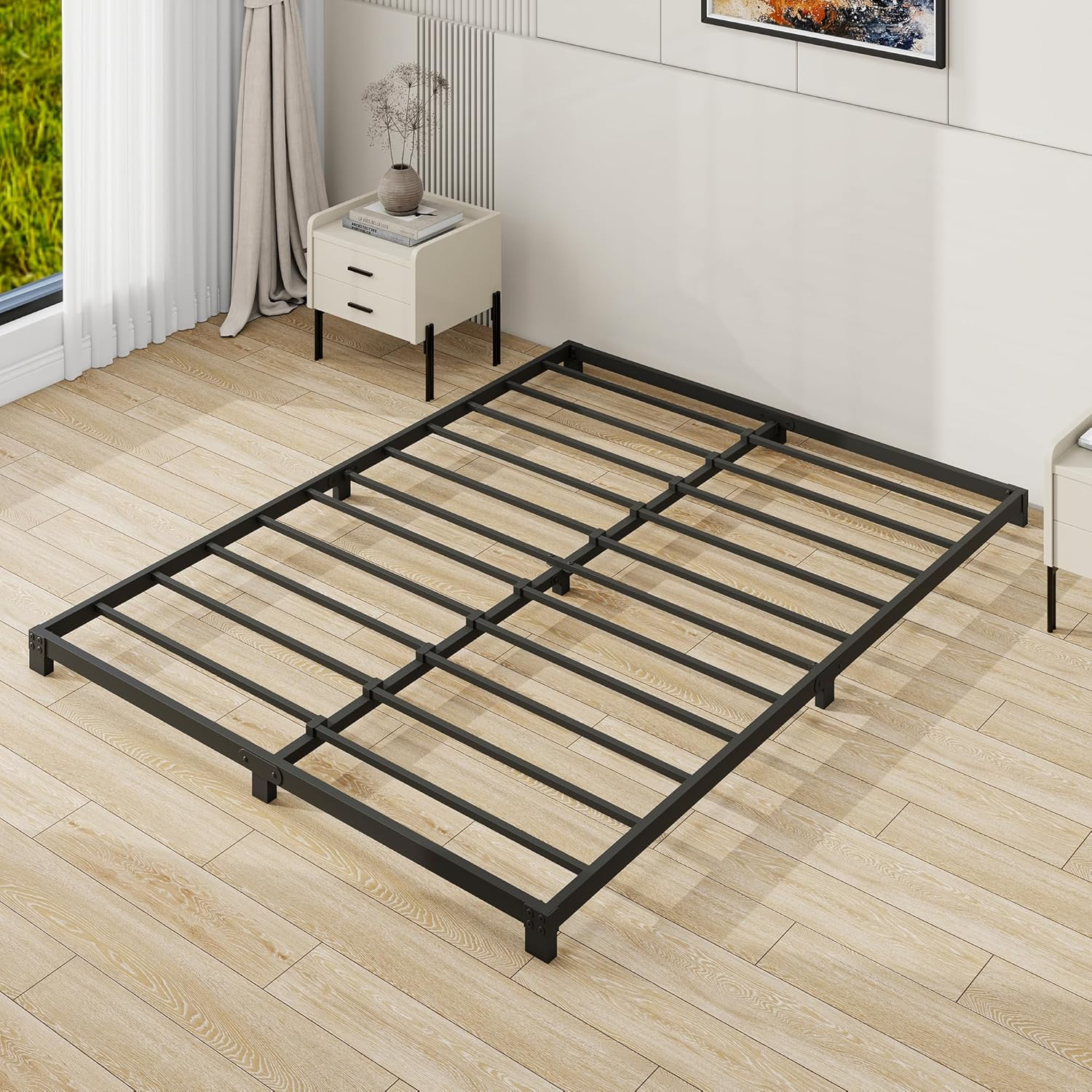 VERFARM 3 Inch Low Queen Size Bed Frame, Heavy Duty Metal Platform Bed Frame Queen, No Box Spring Needed, Sturdy Steel Slat Support, Easy Assembly, Black, Queen image number 6