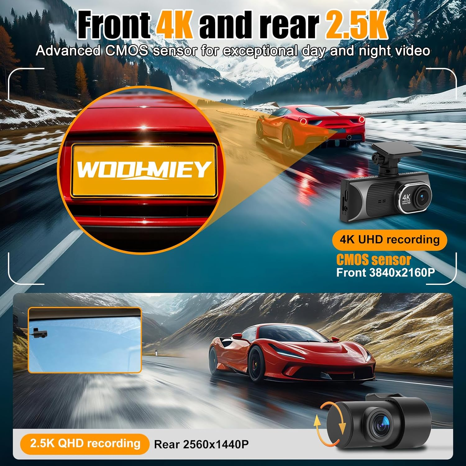 4K Dual Dash Cam, Front 4K Rear 2.5K with GPS Wifi, 170&deg; Wide Angle Night Vision G Sensor, Fit for Car Driving Recorder Dash Camera Vehicle DVR image number 1