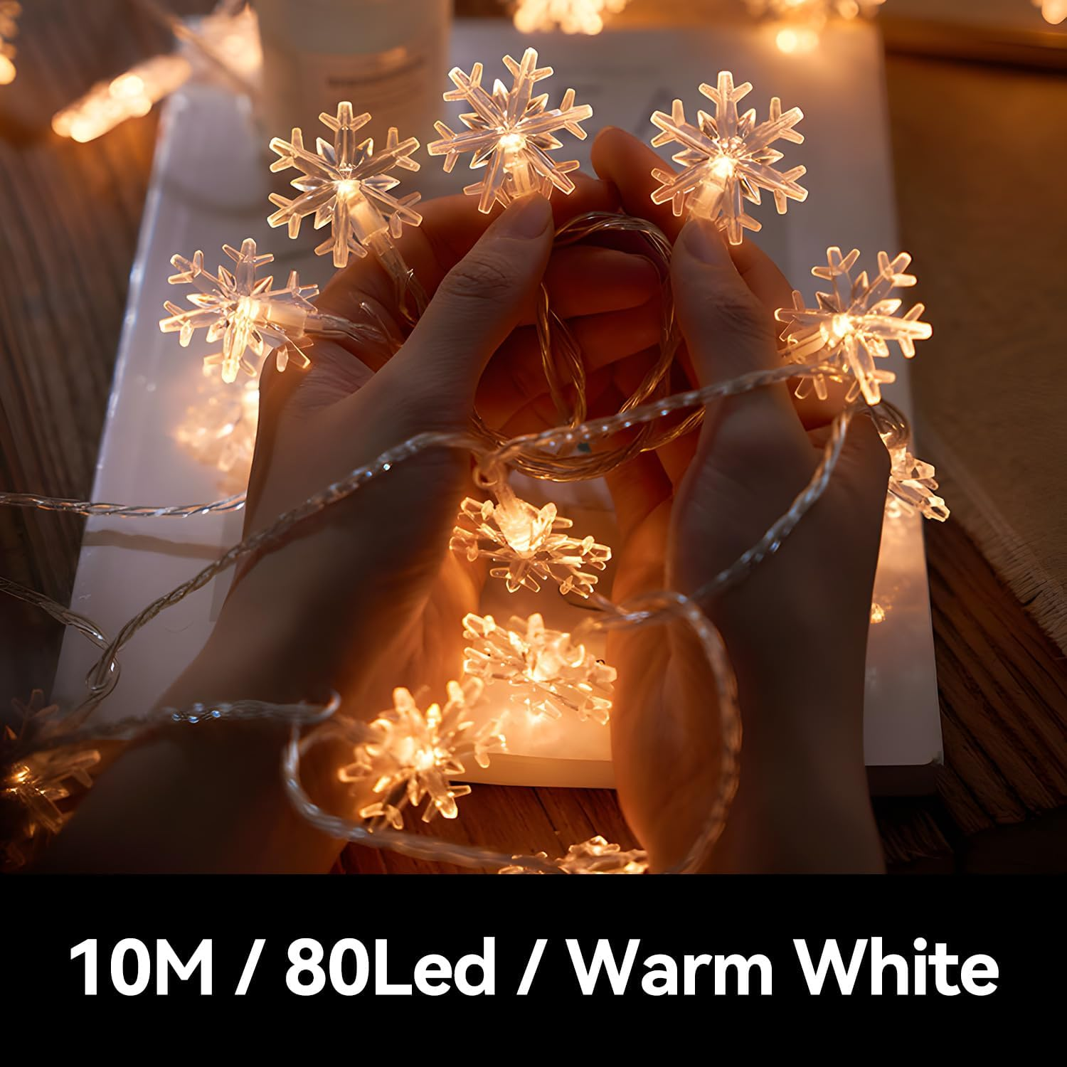 Christmas Fairy Lights, 10 M/33Ft 80 LED Snowflake String Lights Battery Operated with Remote Timer 8 Mode Hanging for Indoor Outdoor Bedroom Home Party Xmas Tree Decorations - Warm White