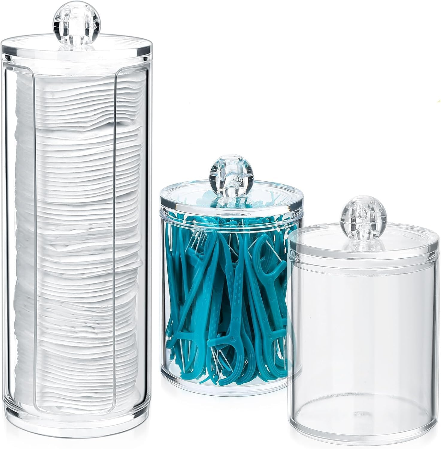 HUIRUMM 3 Pcs Cotton Pad Holder, Bathroom Cotton Wool Bud Holder,Swab Dispenser, round Pads,Clear Plastic Apothecary Jar Set Bathroom Canister Storage Organization, Vanity Makeup Organizer image number 6