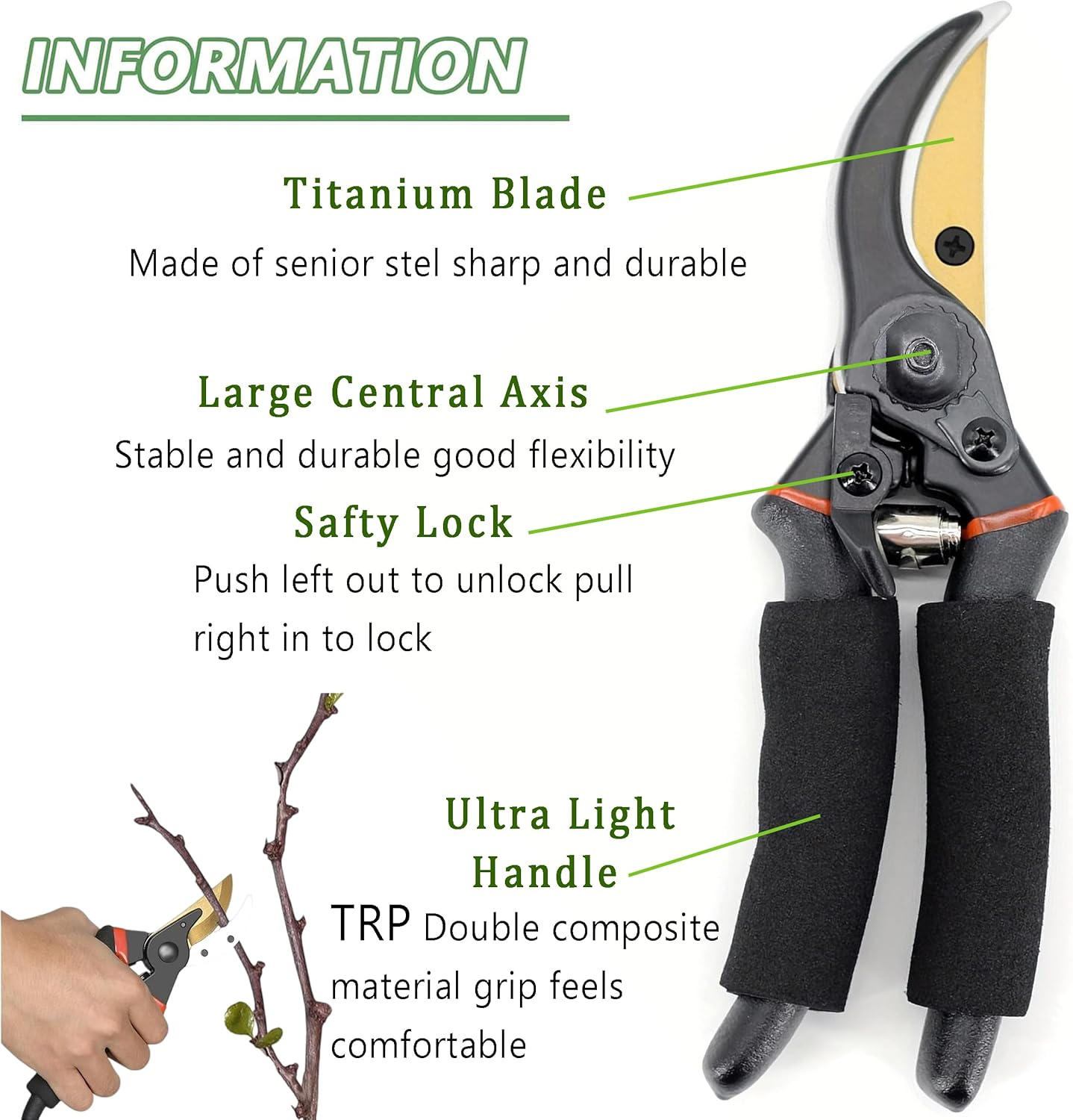 Premium Pruning Shears | Easy Lock-In Design | Rust-Free Sharp Blades | Comfortable Garden Pruning Shears for Precise Cuts | 8" Professional Secateurs image number 6